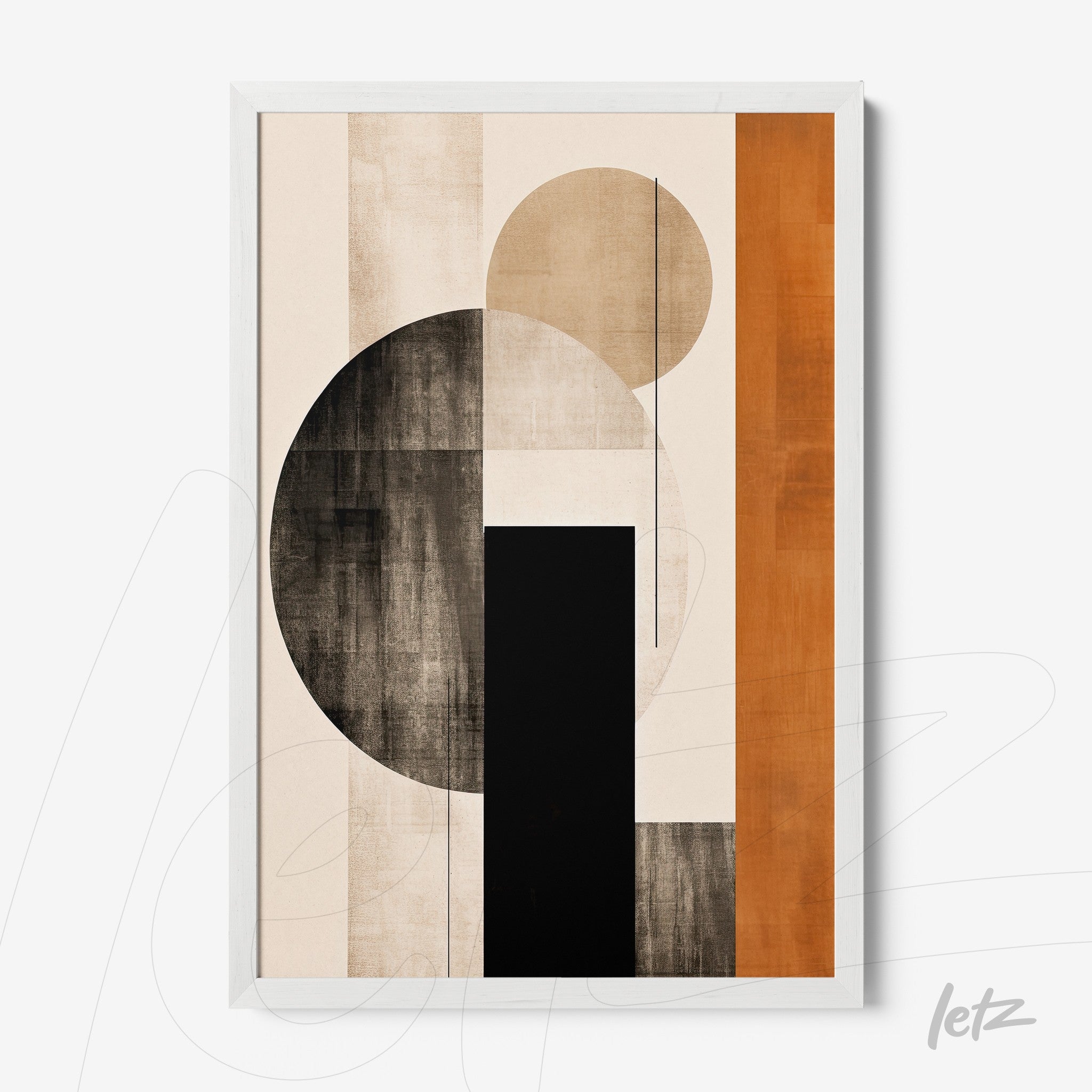 abstract wall art featuring earthy tones and geometric shapes in a white frame