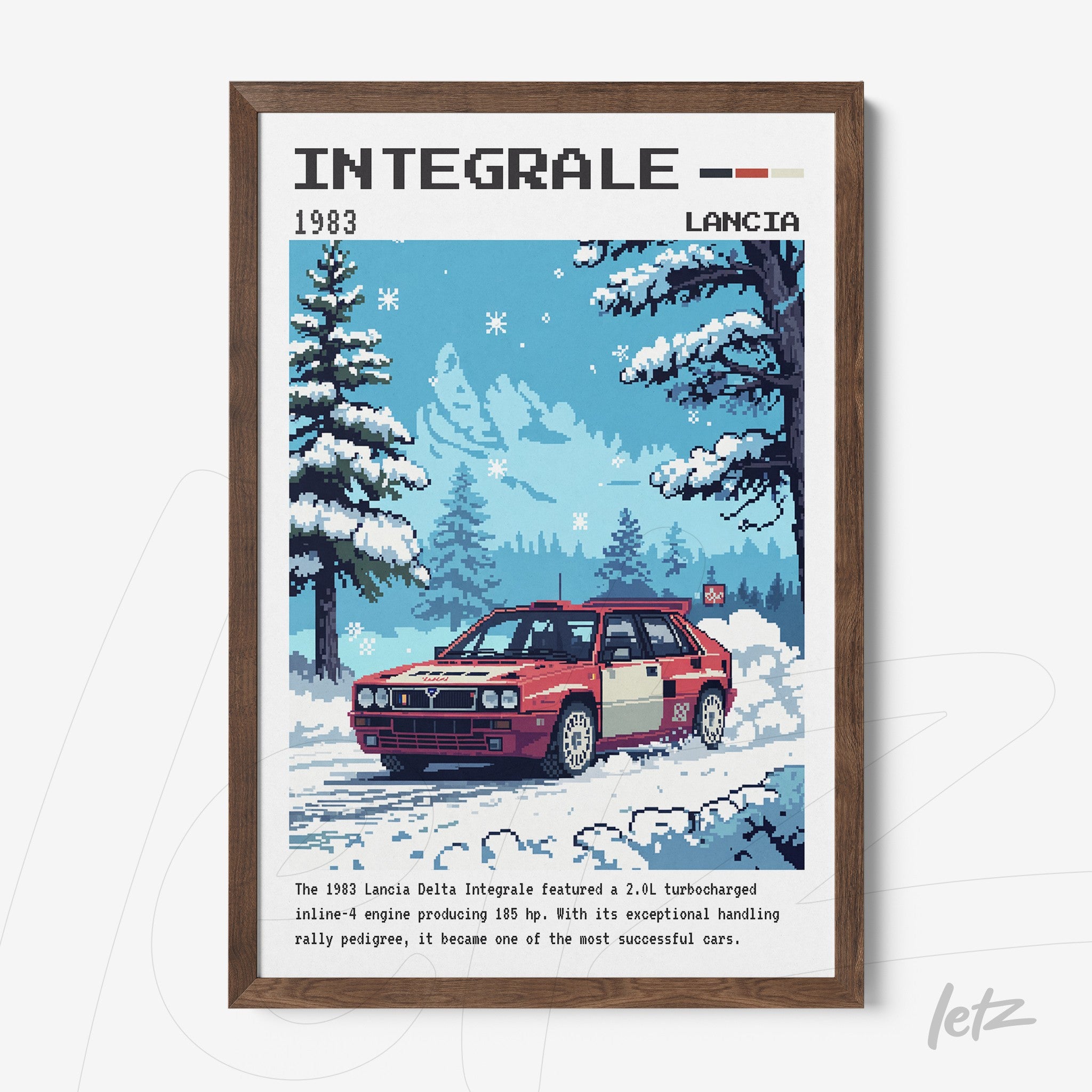 framed pixel art of a Lancia Delta Integrale car in a winter setting with snow and trees
