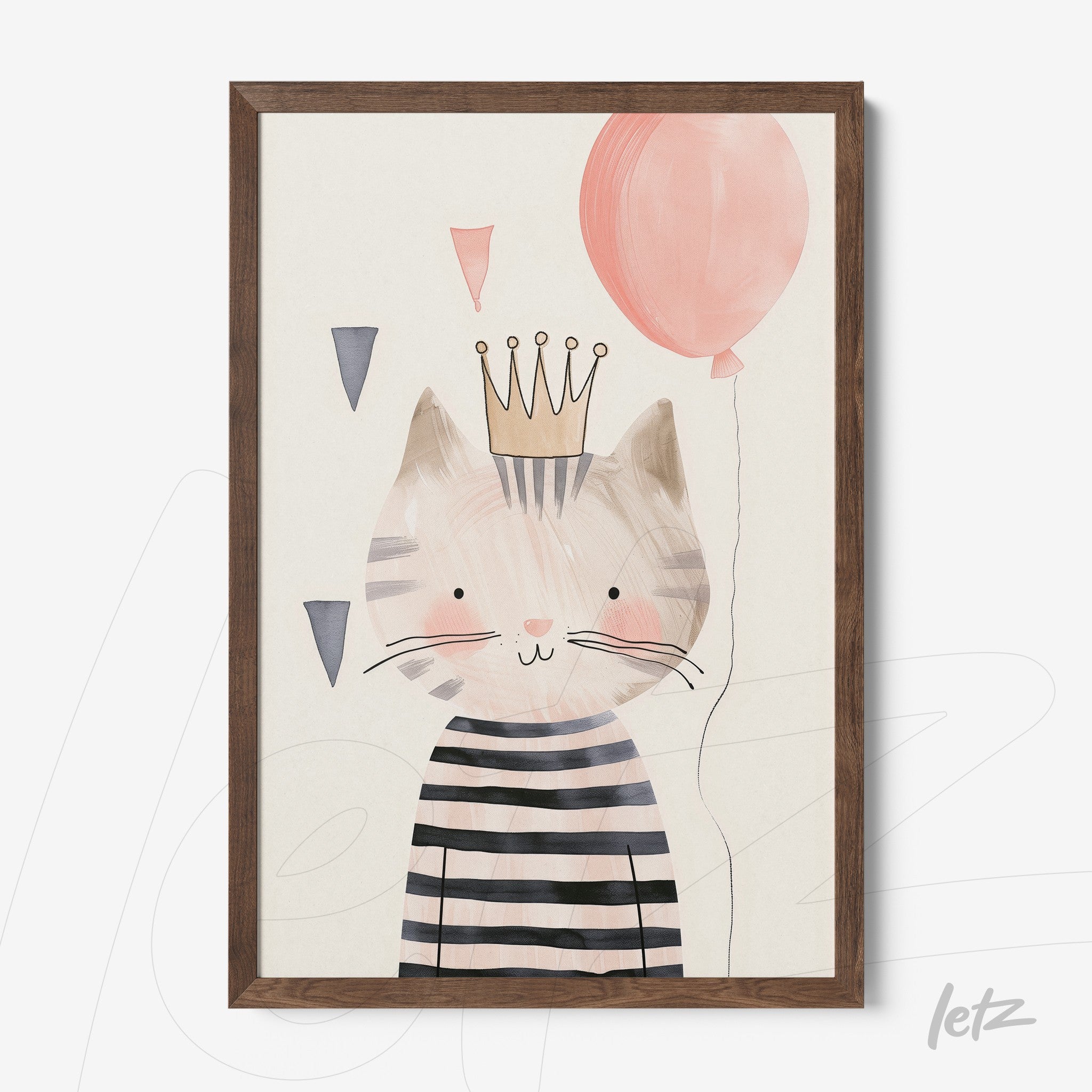 framed artwork featuring a playful illustration of a cat with a crown and balloon, set in a brown wooden frame
