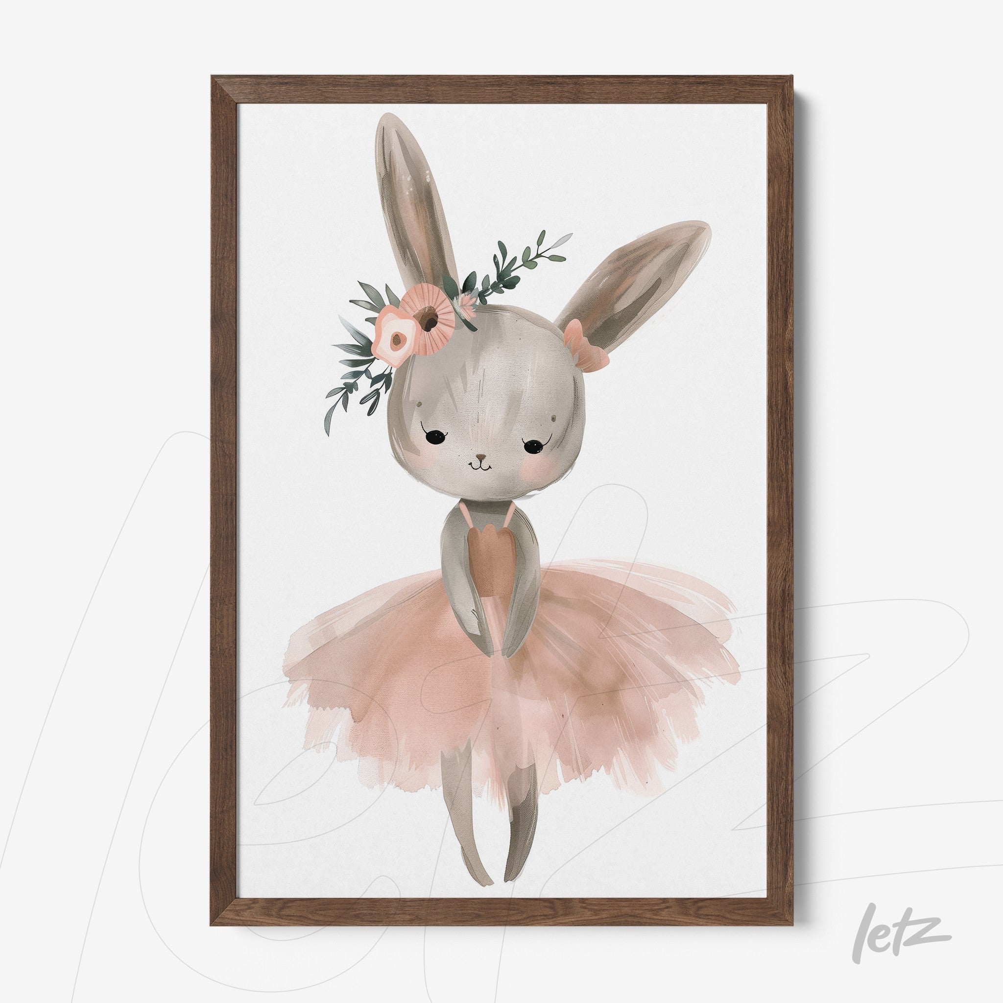 framed wall art featuring a cute bunny wearing a pink tutu and floral headpiece with a dark wood frame