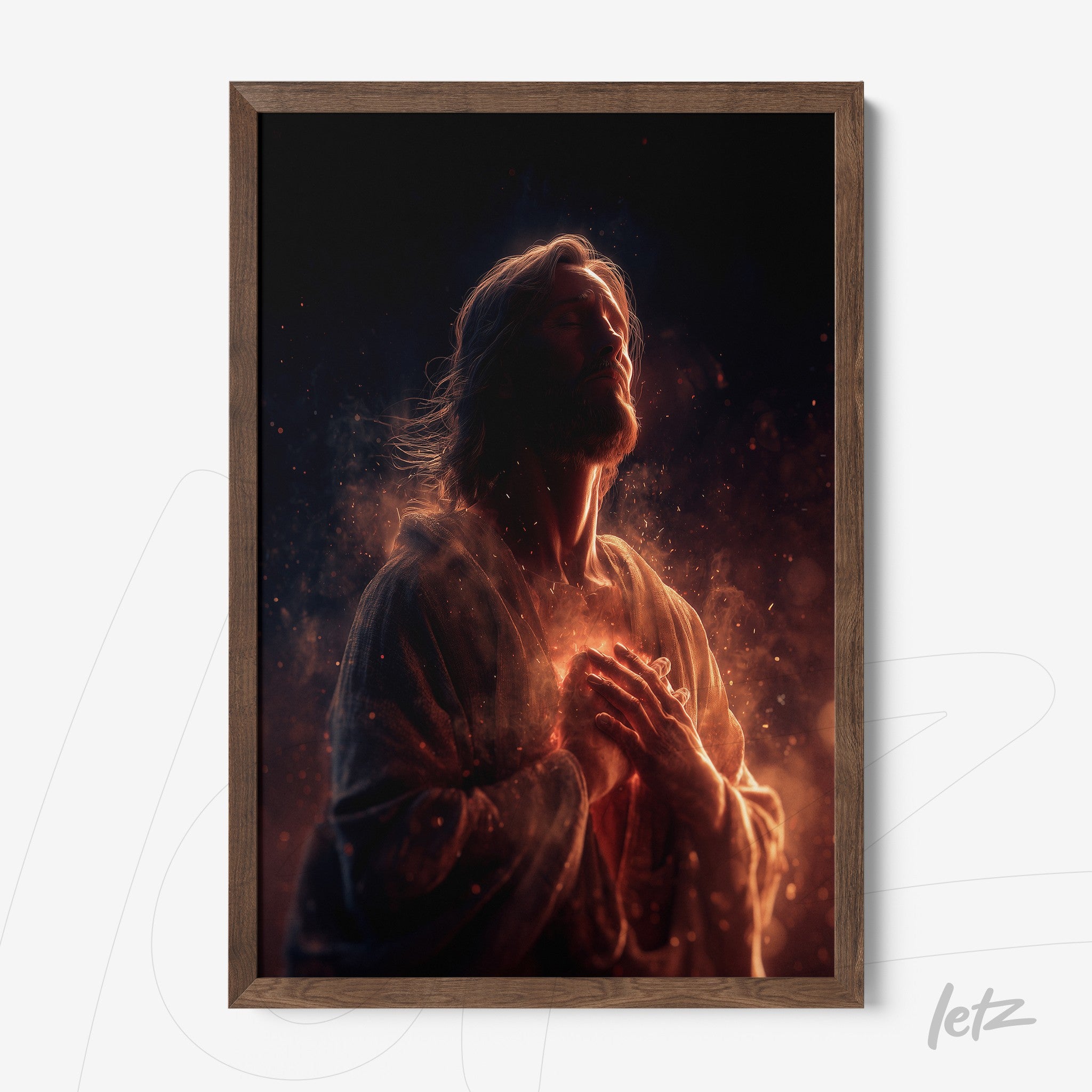 framed art piece depicting a glowing figure of Jesus surrounded by light and particles with a dark wood frame