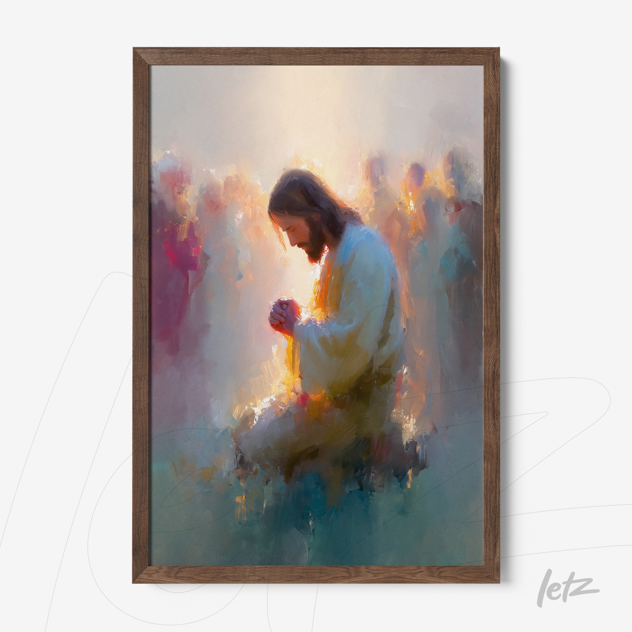 framed spiritual art depicting the figure of Jesus praying surrounded by a blurred crowd with a dark wooden frame