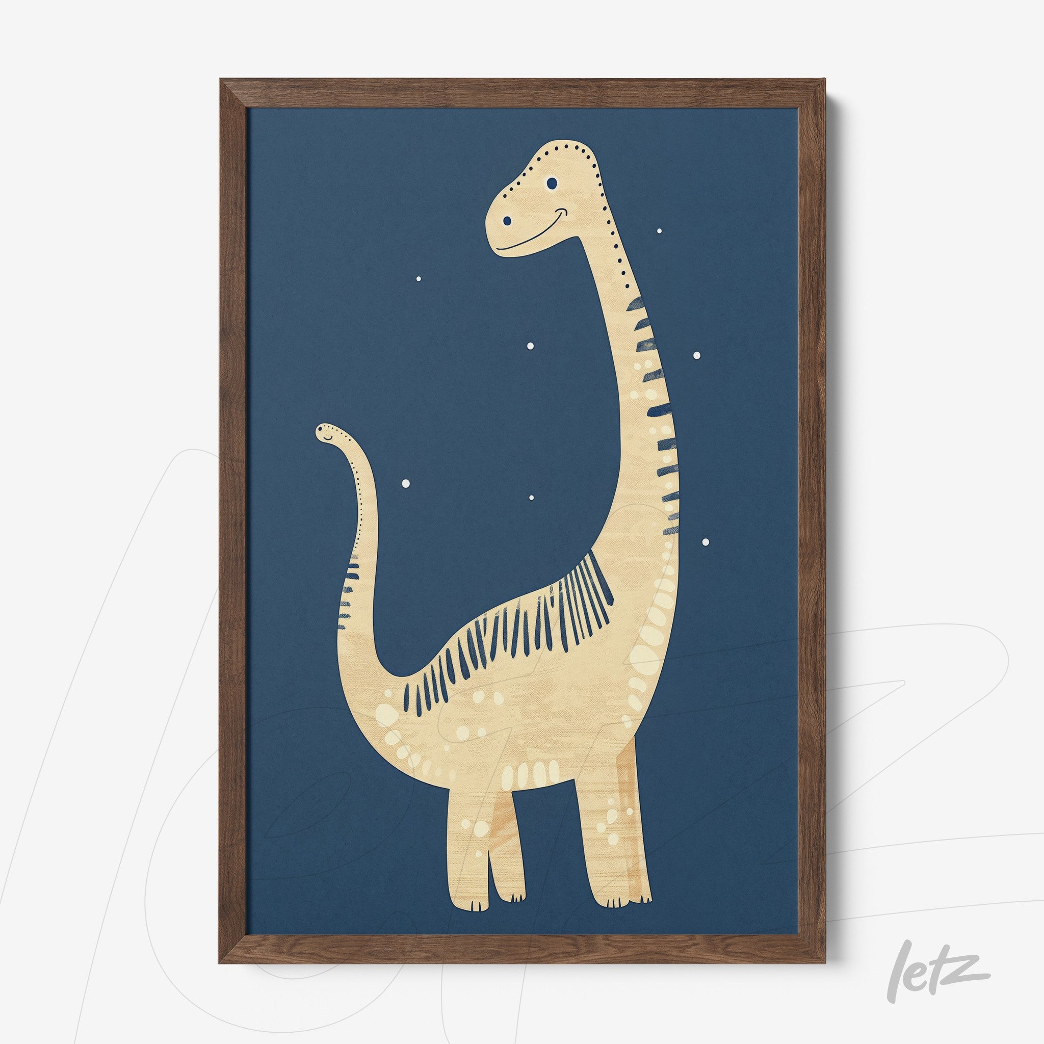 framed wall art featuring a dinosaur illustration on a dark blue background with dark wooden frame