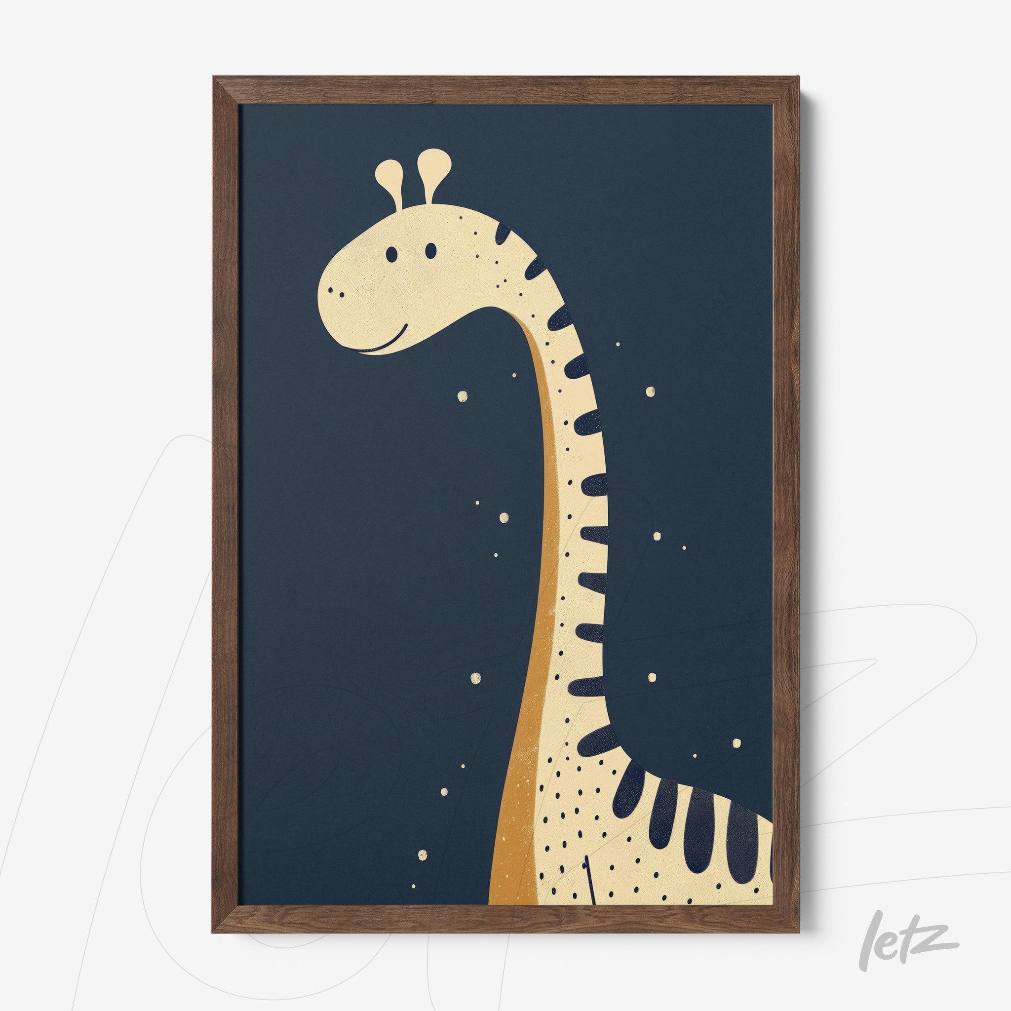 framed children's art featuring a giraffe illustration on dark blue background with dark wood frame