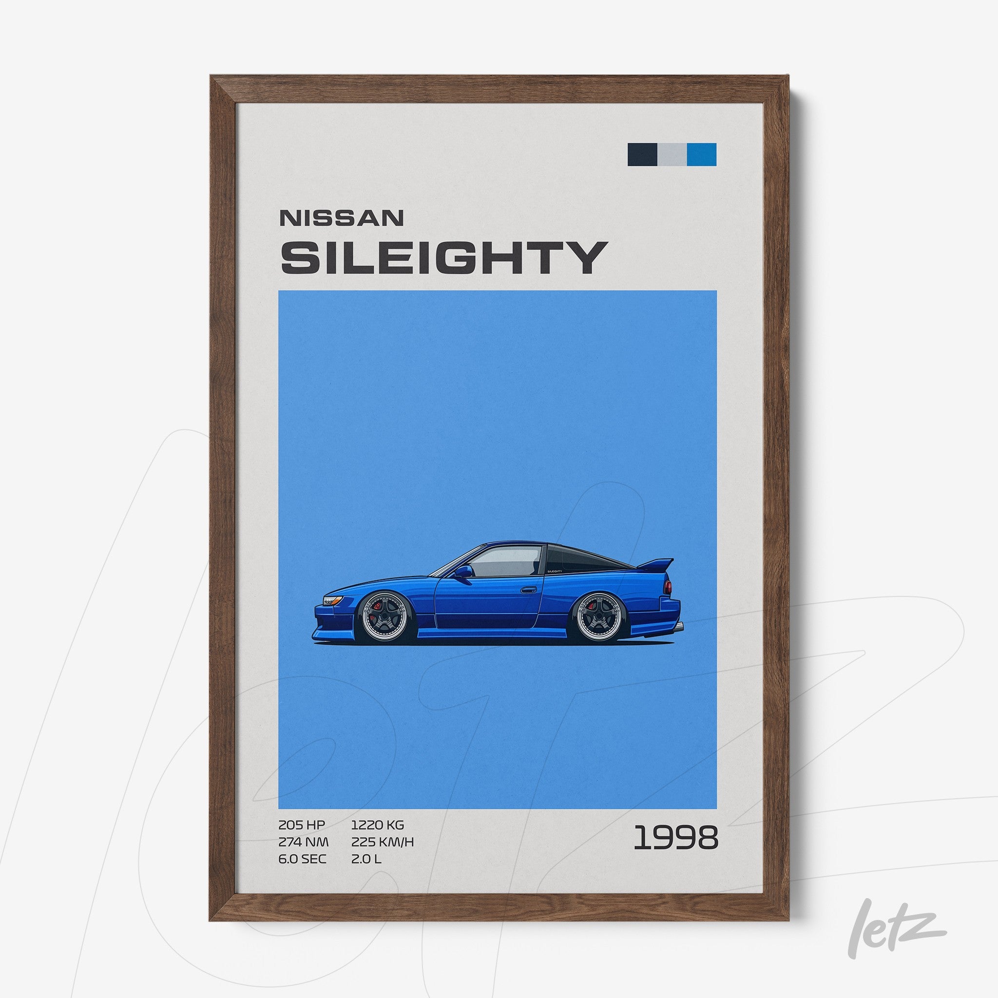 framed wall art featuring a vector illustration of a Nissan Sil80 sports car on a vibrant blue background with dark wood frame