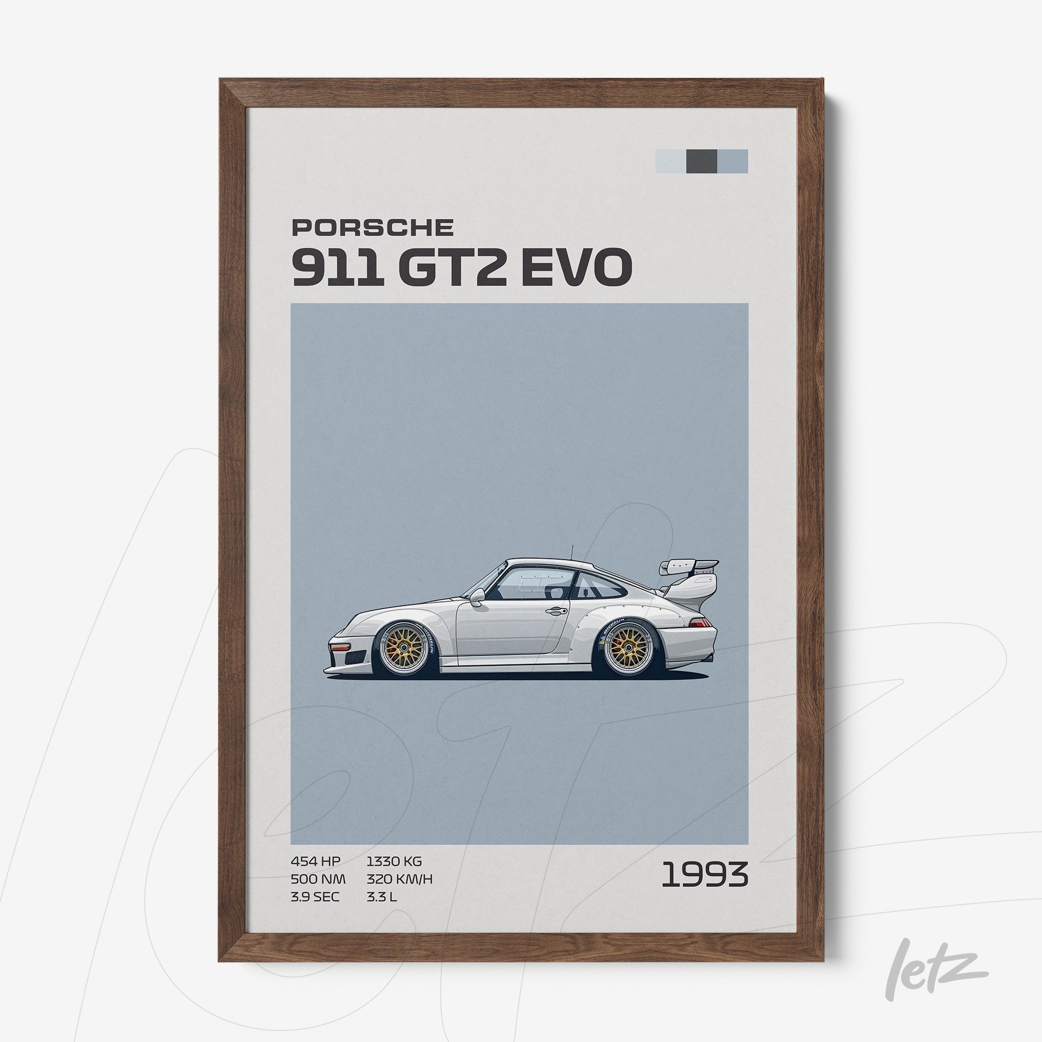 framed minimalist artwork of Porsche 911 GT2 EVO with dark wood frame