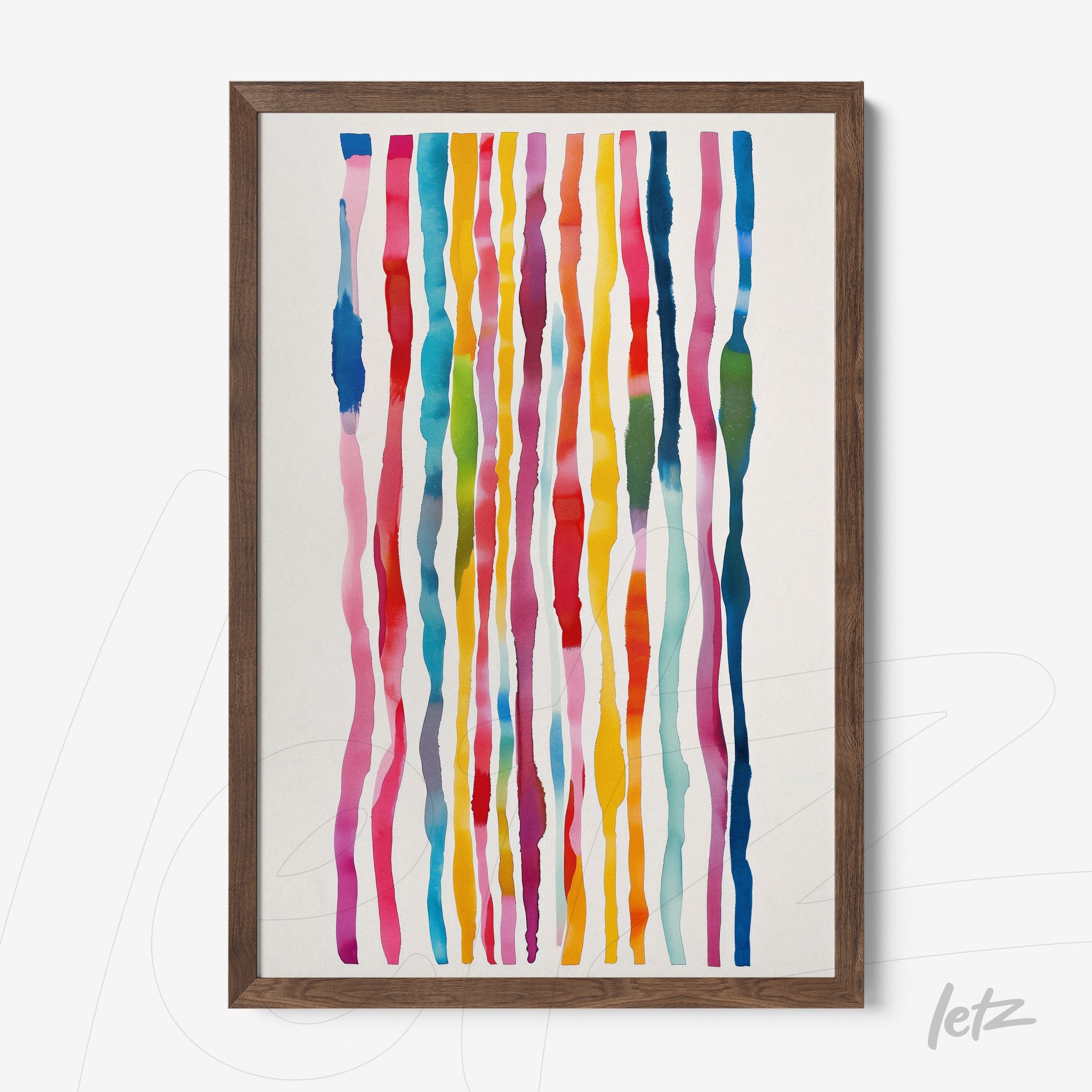 framed abstract wall art of vertical colorful stripes in dark wooden frame
