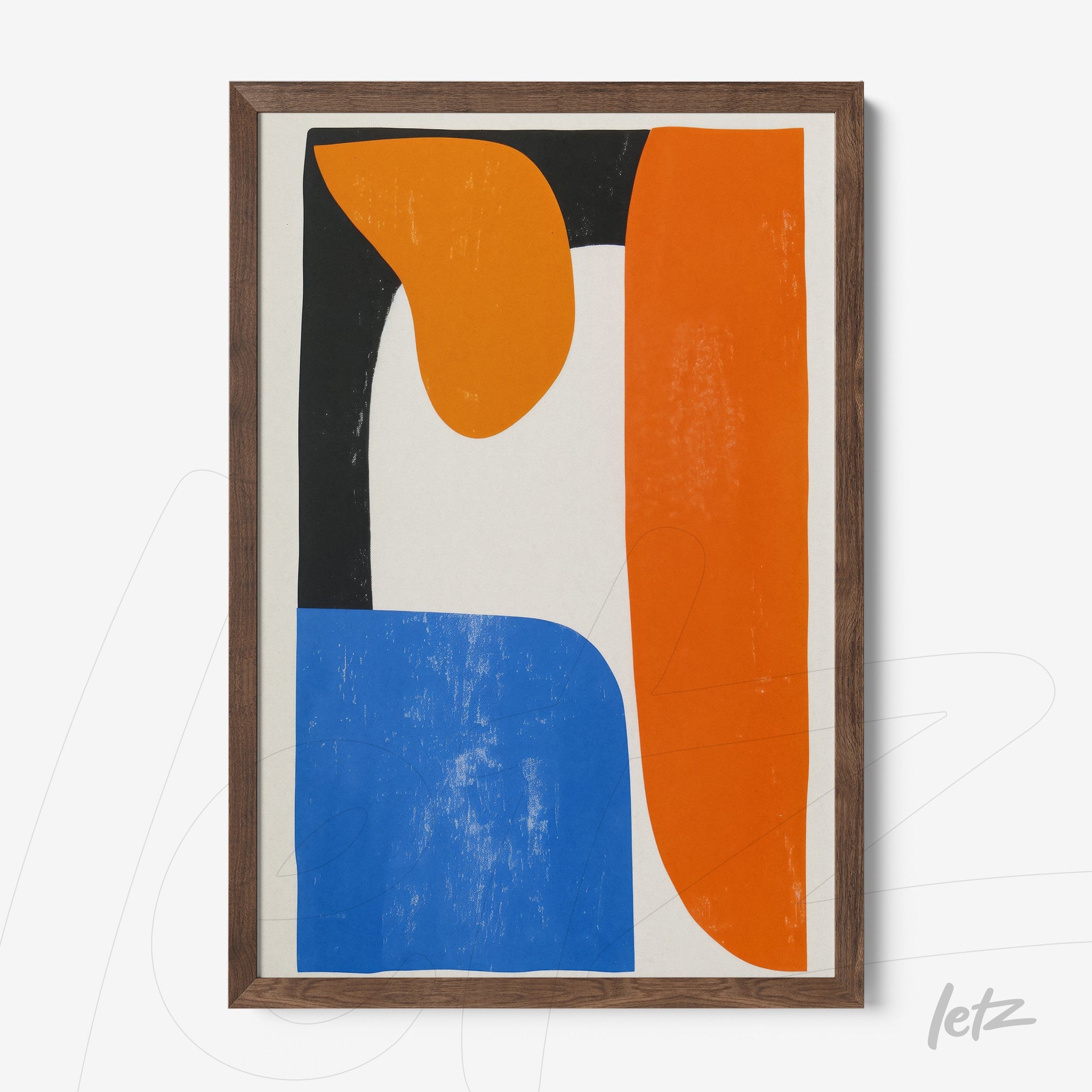 framed abstract art piece featuring vibrant colors with shapes in orange, black, and blue within a dark wood frame