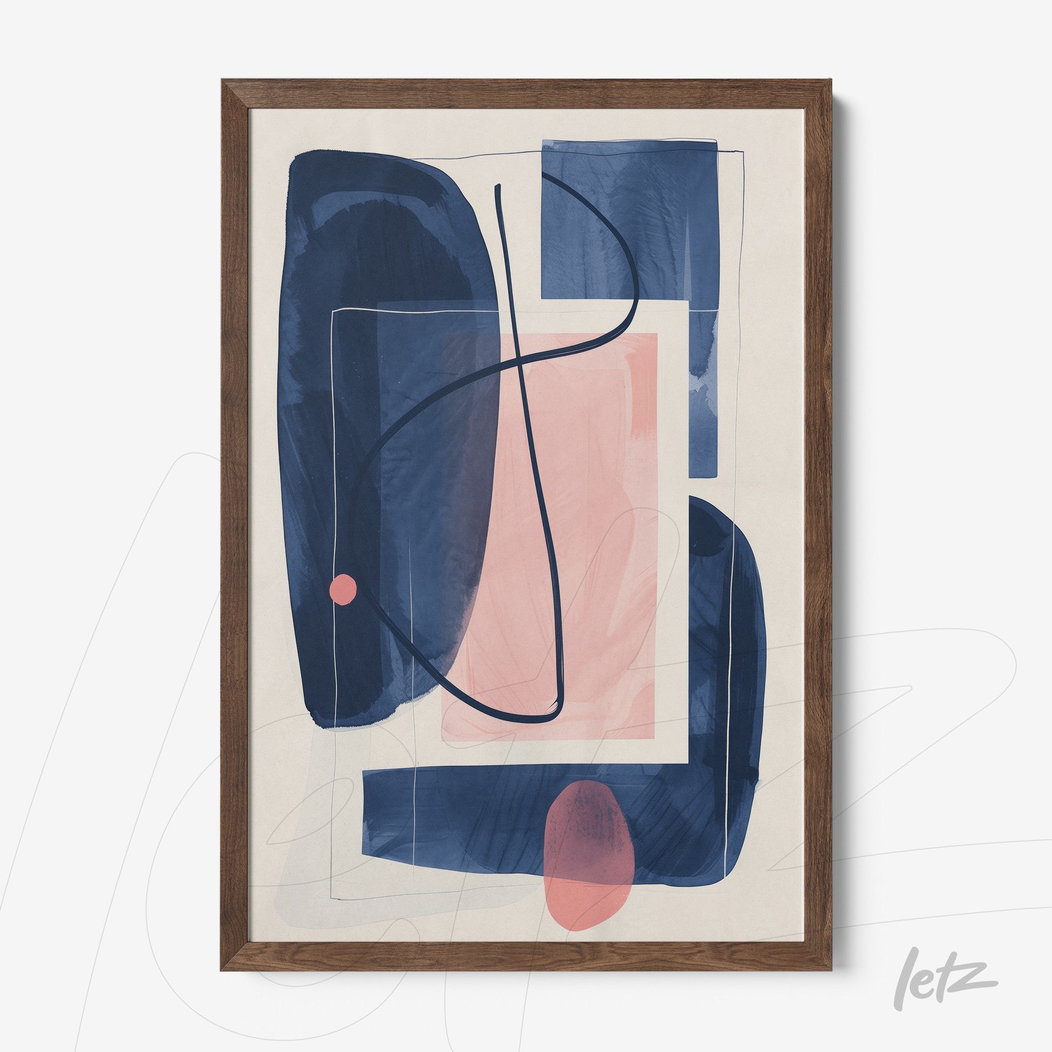 framed wall art featuring abstract design in shades of blue and pink with dark wood frame