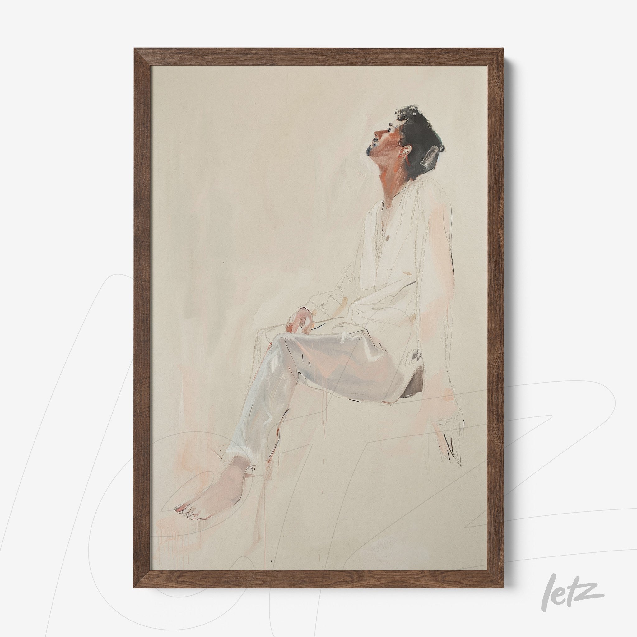 framed art featuring a seated human figure in a white shirt and silver pants with a dark wooden frame