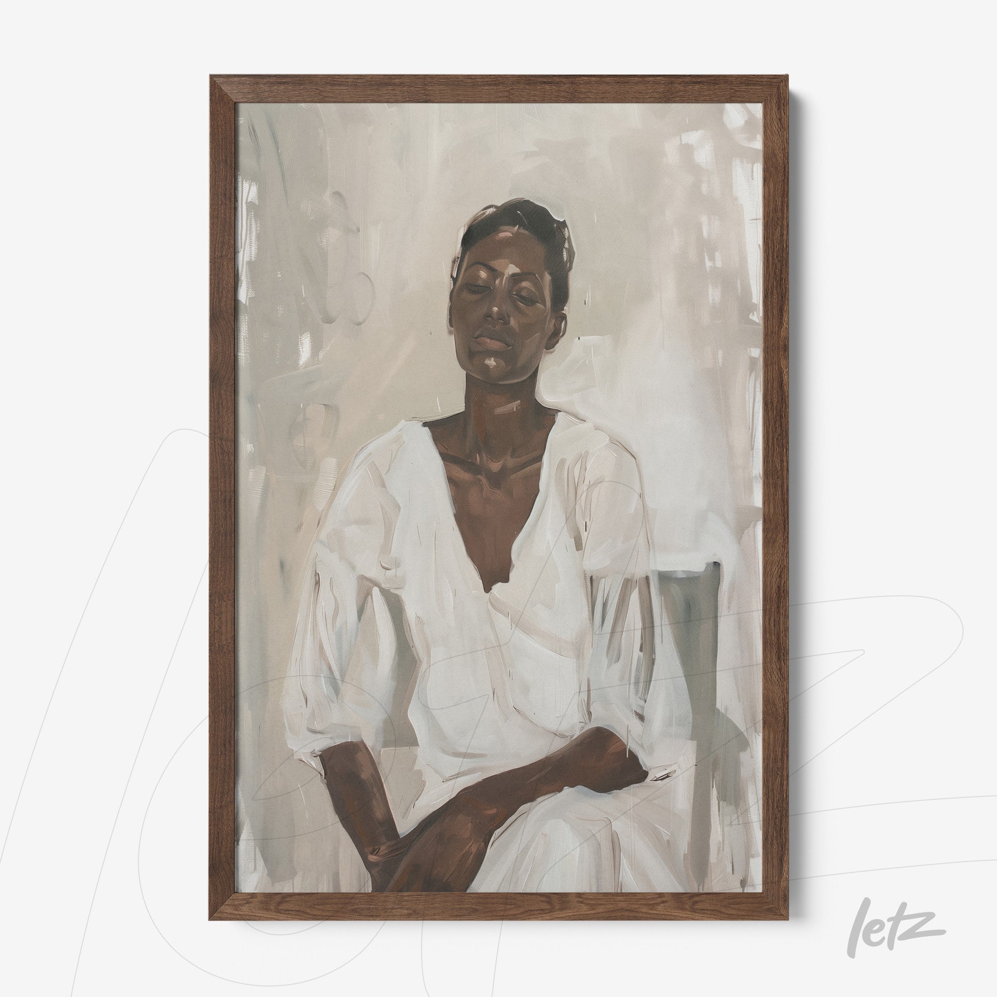 framed artwork of a minimalist portrait of a serene woman in shades of beige and brown with dark wood frame