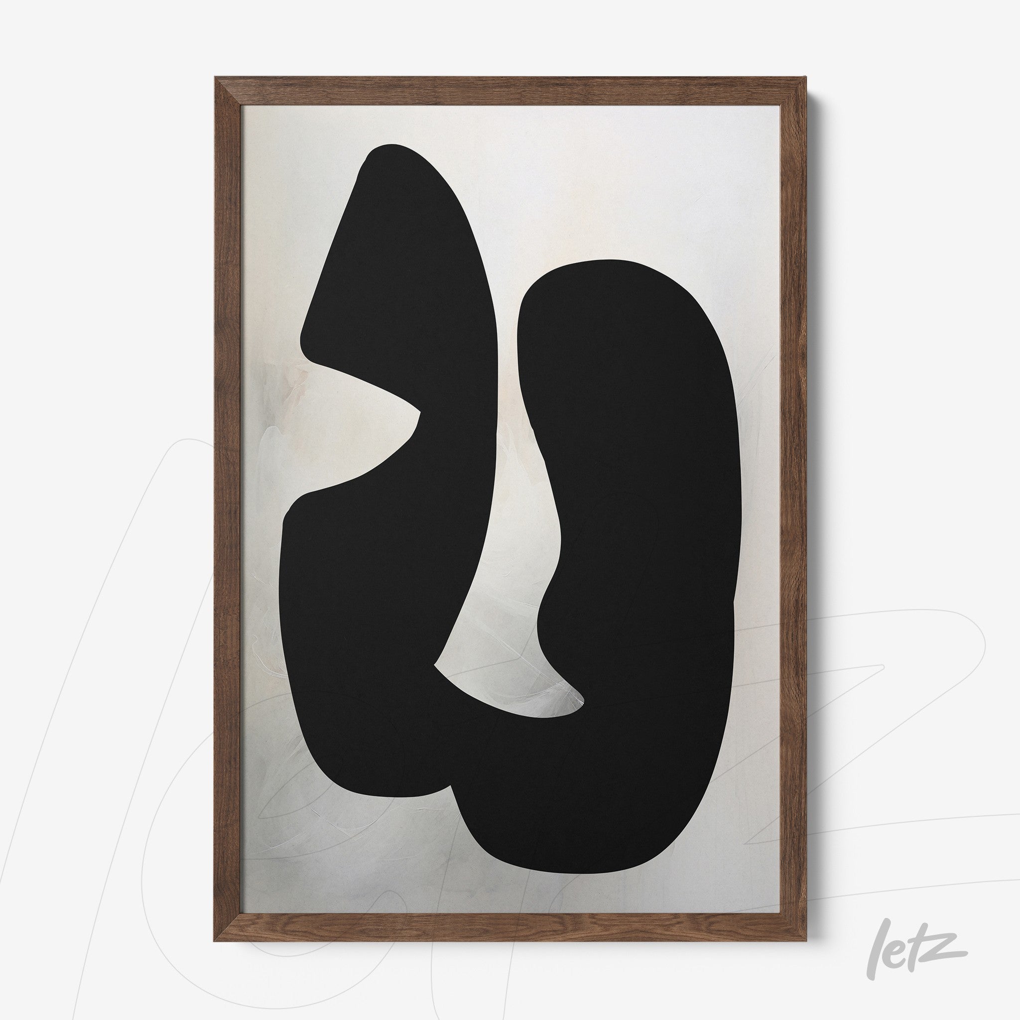 modern artwork featuring black abstract shapes on a light background, dark wood frame