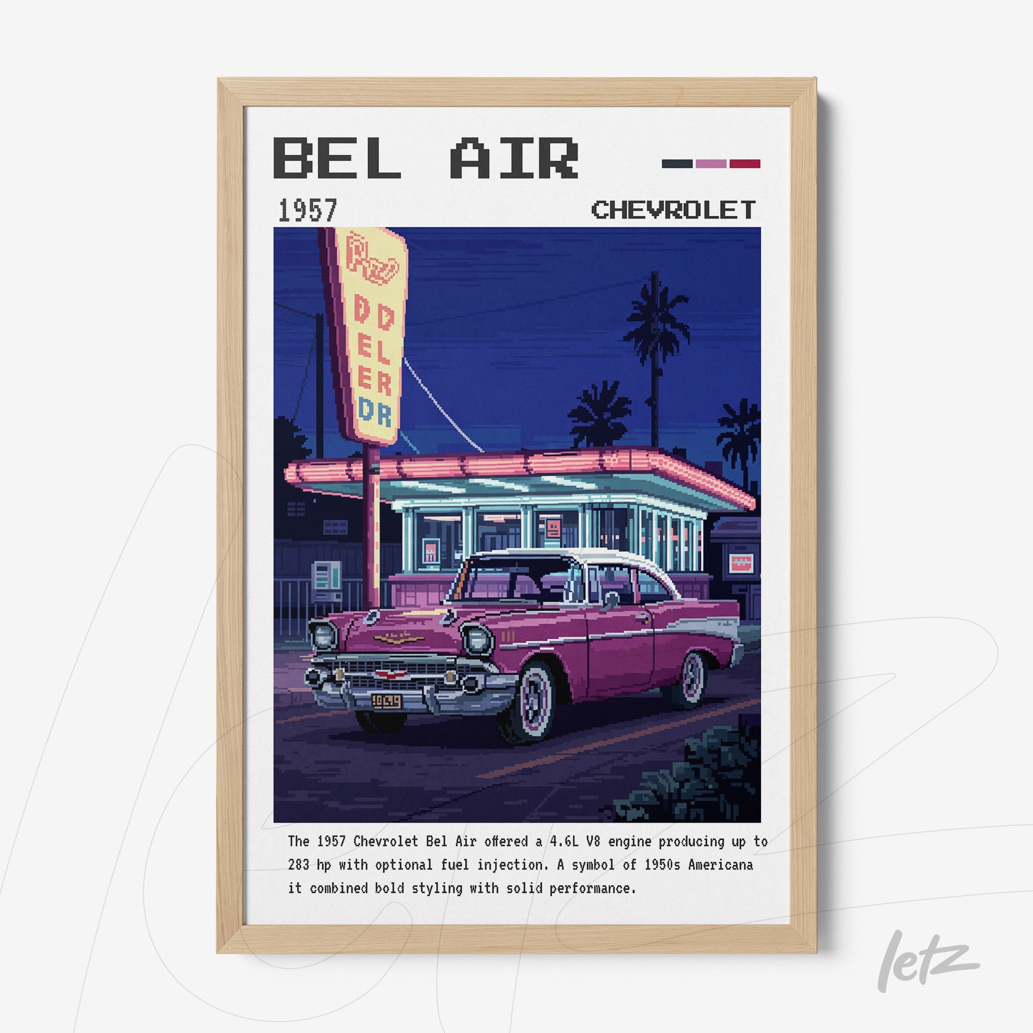 retro digital wall art featuring a 1957 Chevrolet Bel Air at a classic gas station with light wood frame