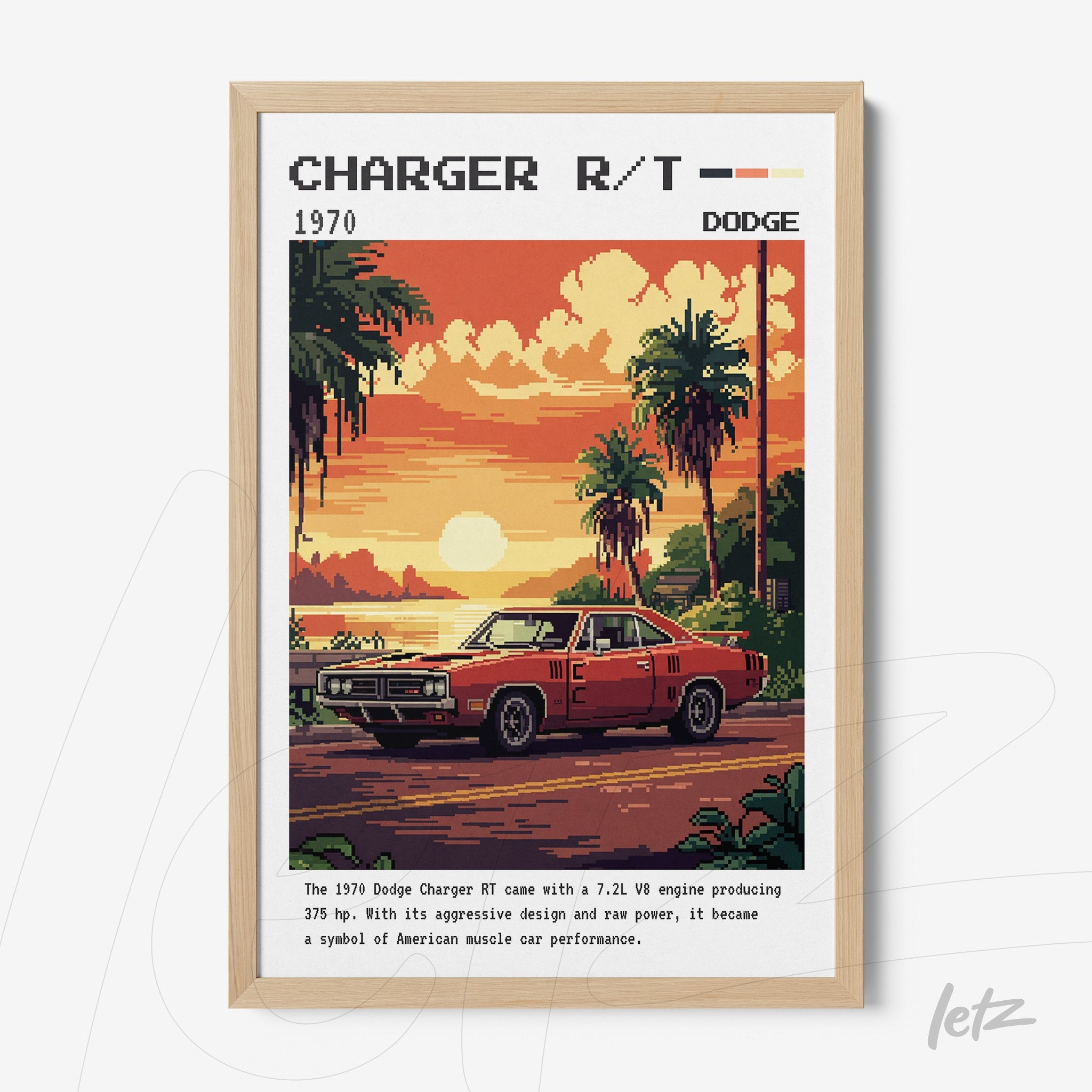 retro pixel art of a 1970 Dodge Charger with sunset and palm trees background