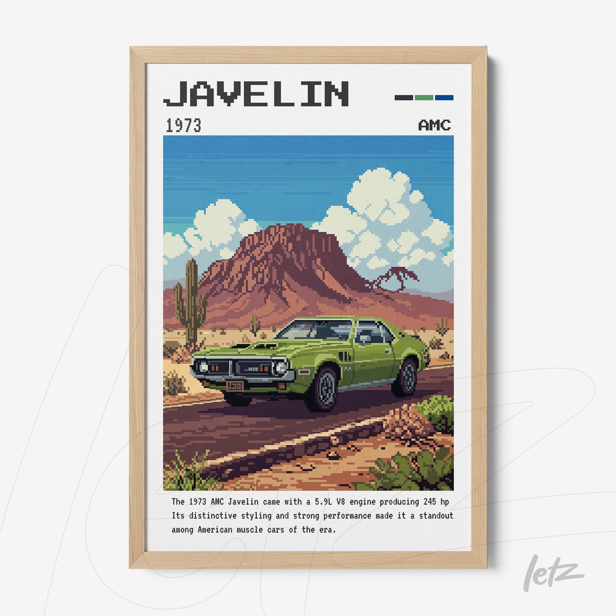 framed pixel art of a 1973 AMC Javelin car in a desert landscape with mountains in the background, light wood frame