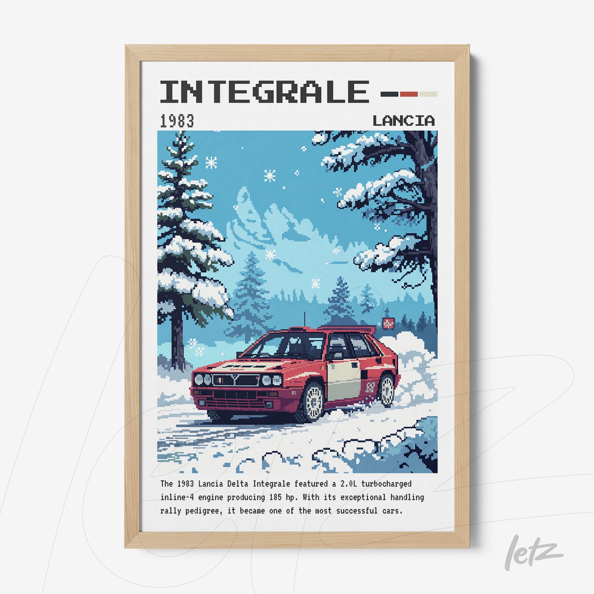 pixel art featuring the Lancia Delta Integrale in a snowy landscape with a light wooden frame