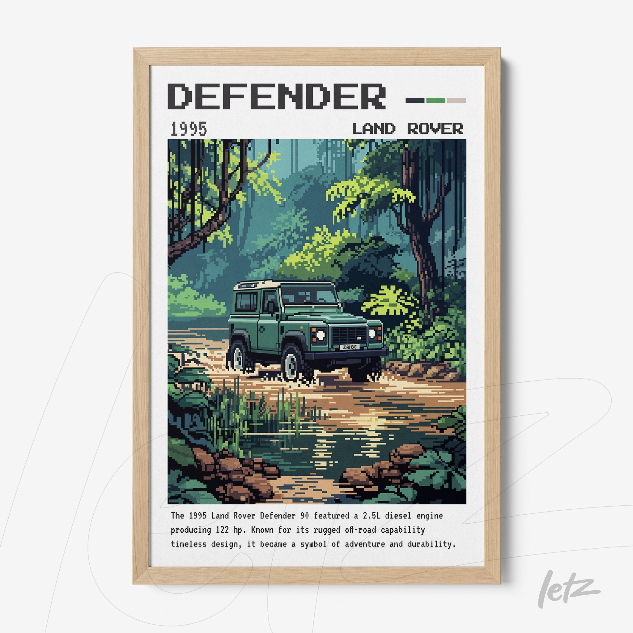 framed retro art of the Land Rover Defender surrounded by green foliage with a vintage style illustration