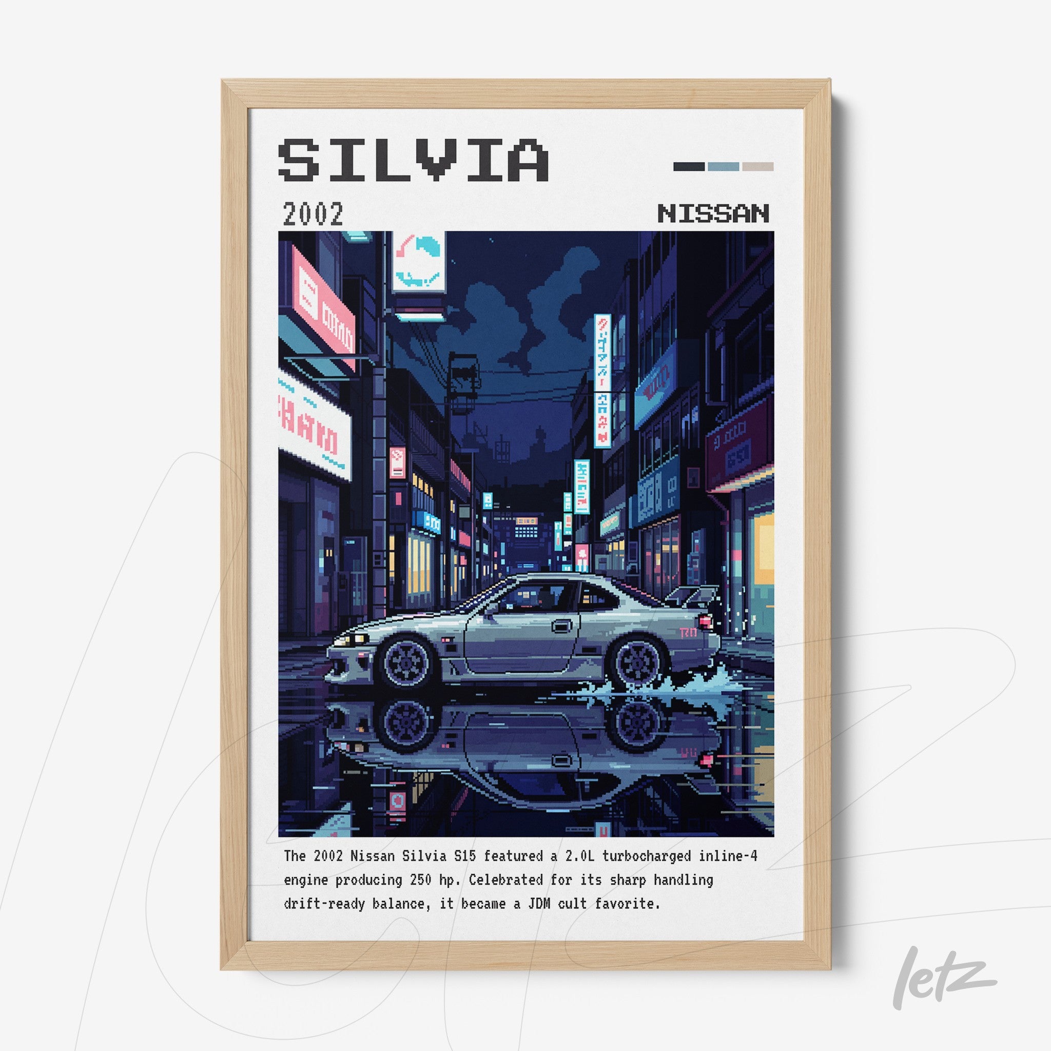 framed digital illustration of the 2002 Nissan Silvia, featuring a light wood frame and a nighttime urban setting with illuminated streets