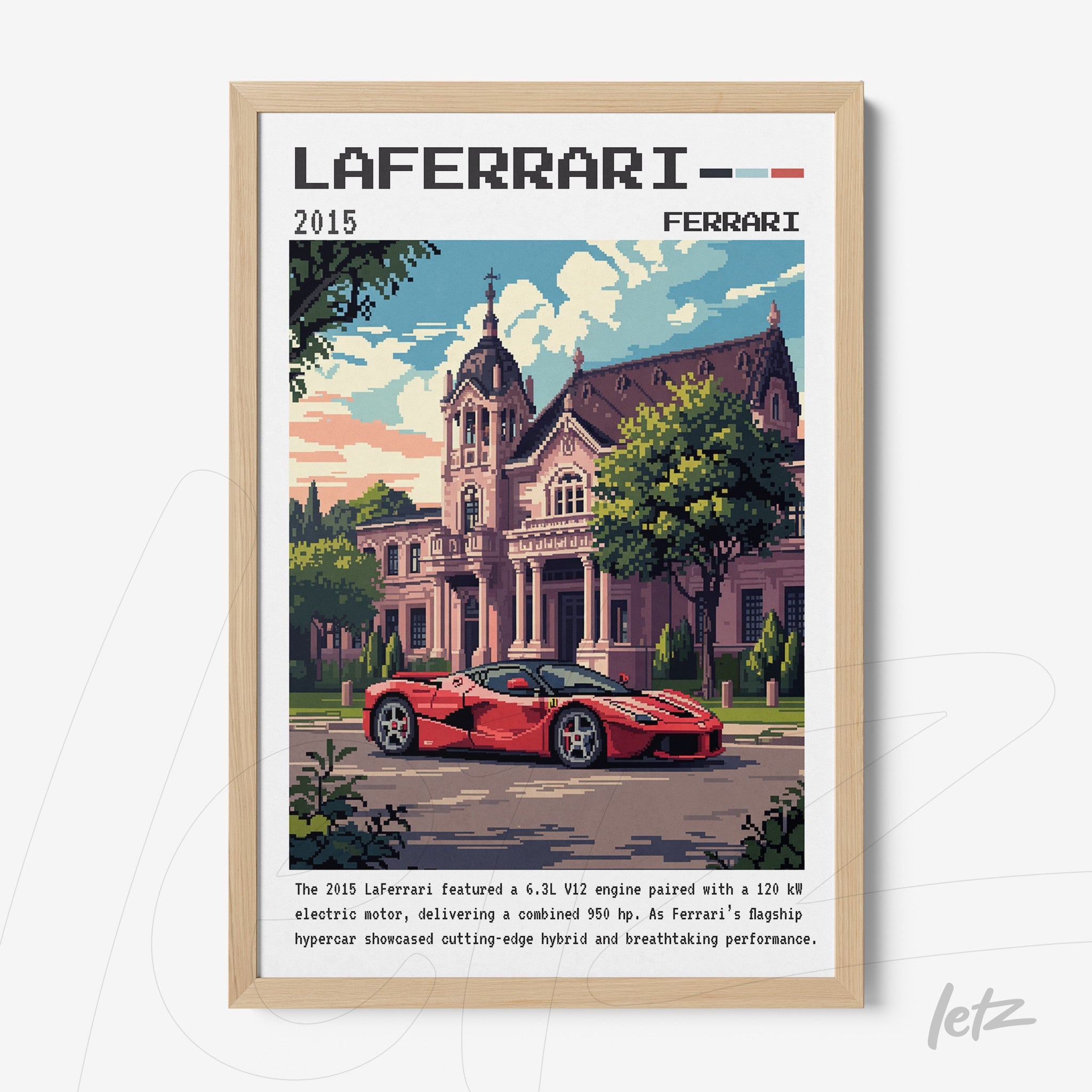 pixel art framed illustration of the LaFerrari parked in front of a mansion with a light wood frame