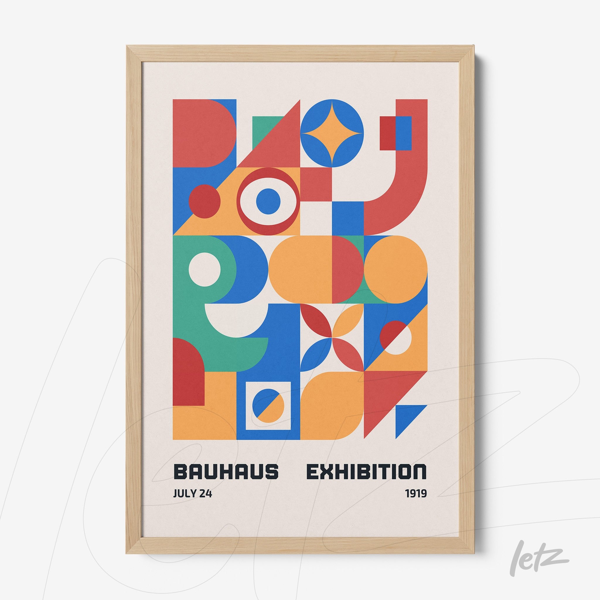 poster print featuring abstract geometric art and text referencing Bauhaus exhibition in light wood frame
