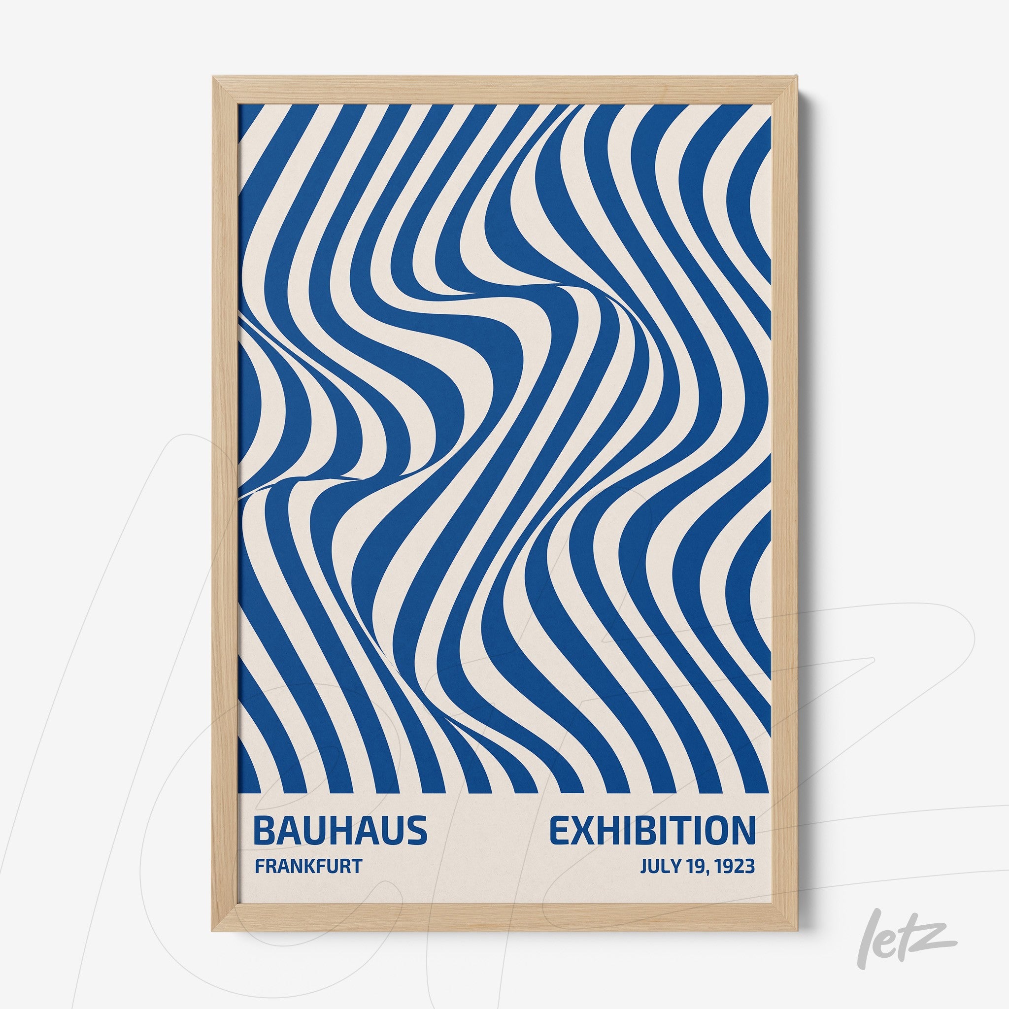 poster featuring abstract wavy blue lines on a white background with a light wood frame