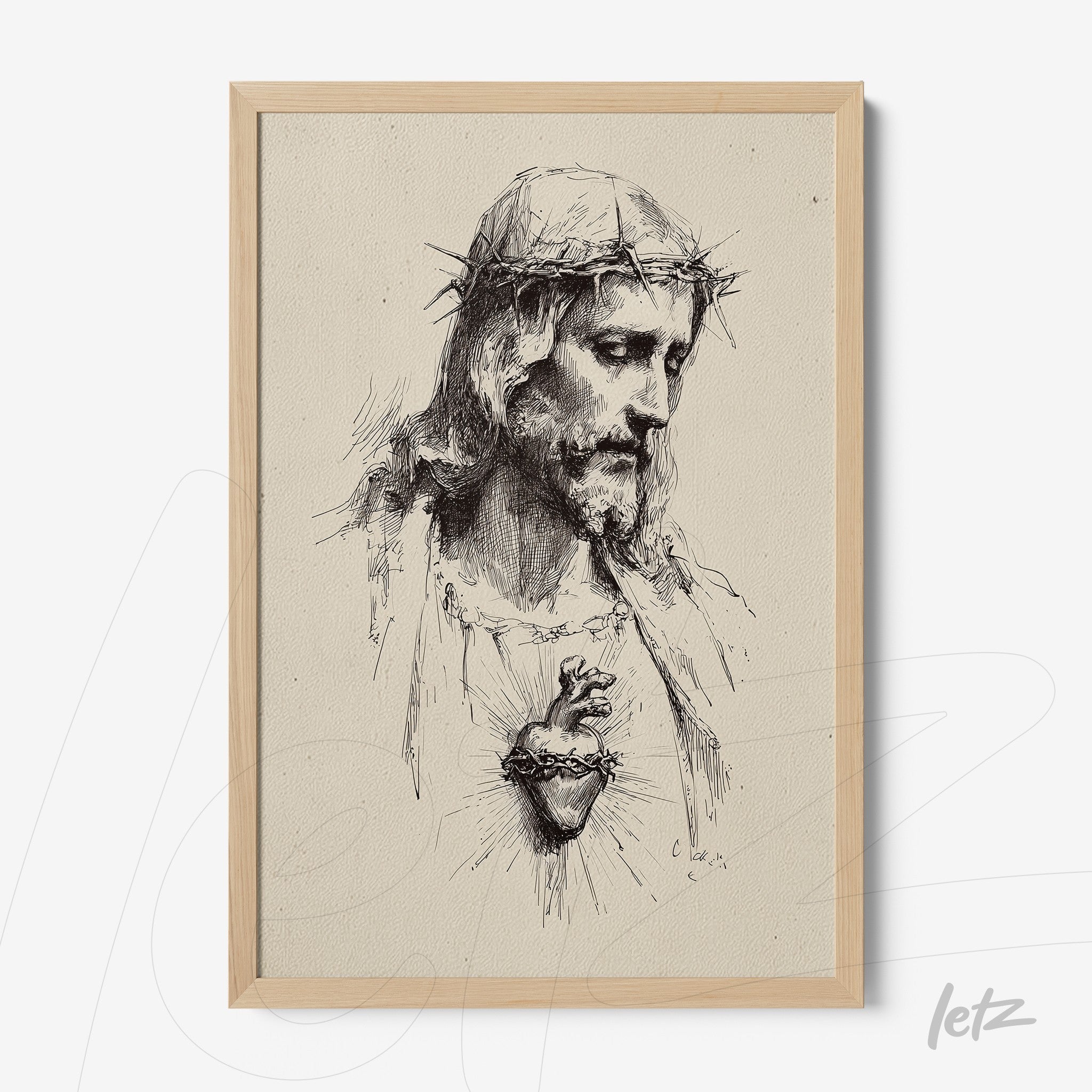 framed artwork featuring a retro style illustration of Jesus Christ with a crown of thorns and exposed heart in light wood frame