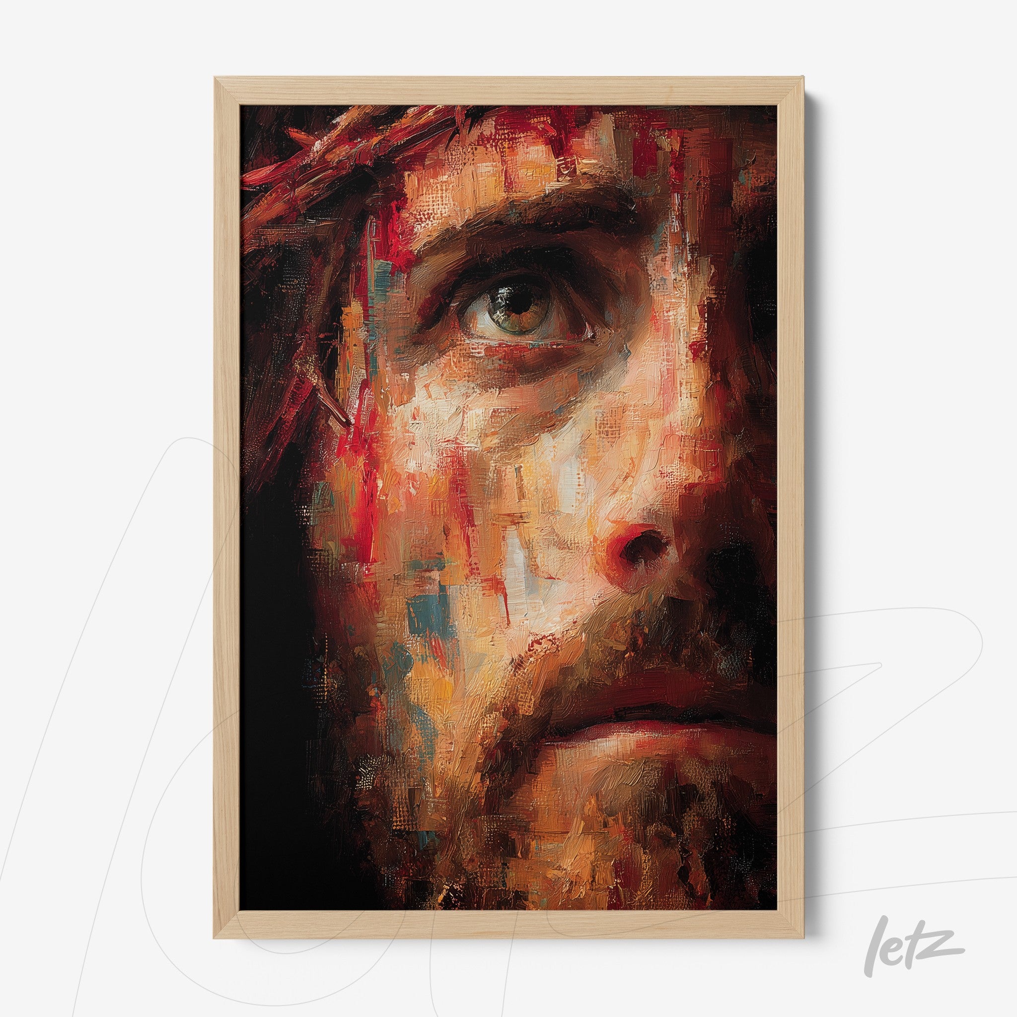 framed wall art featuring an expressive portrait of a man with an intense gaze and vibrant brush strokes in a light wood frame