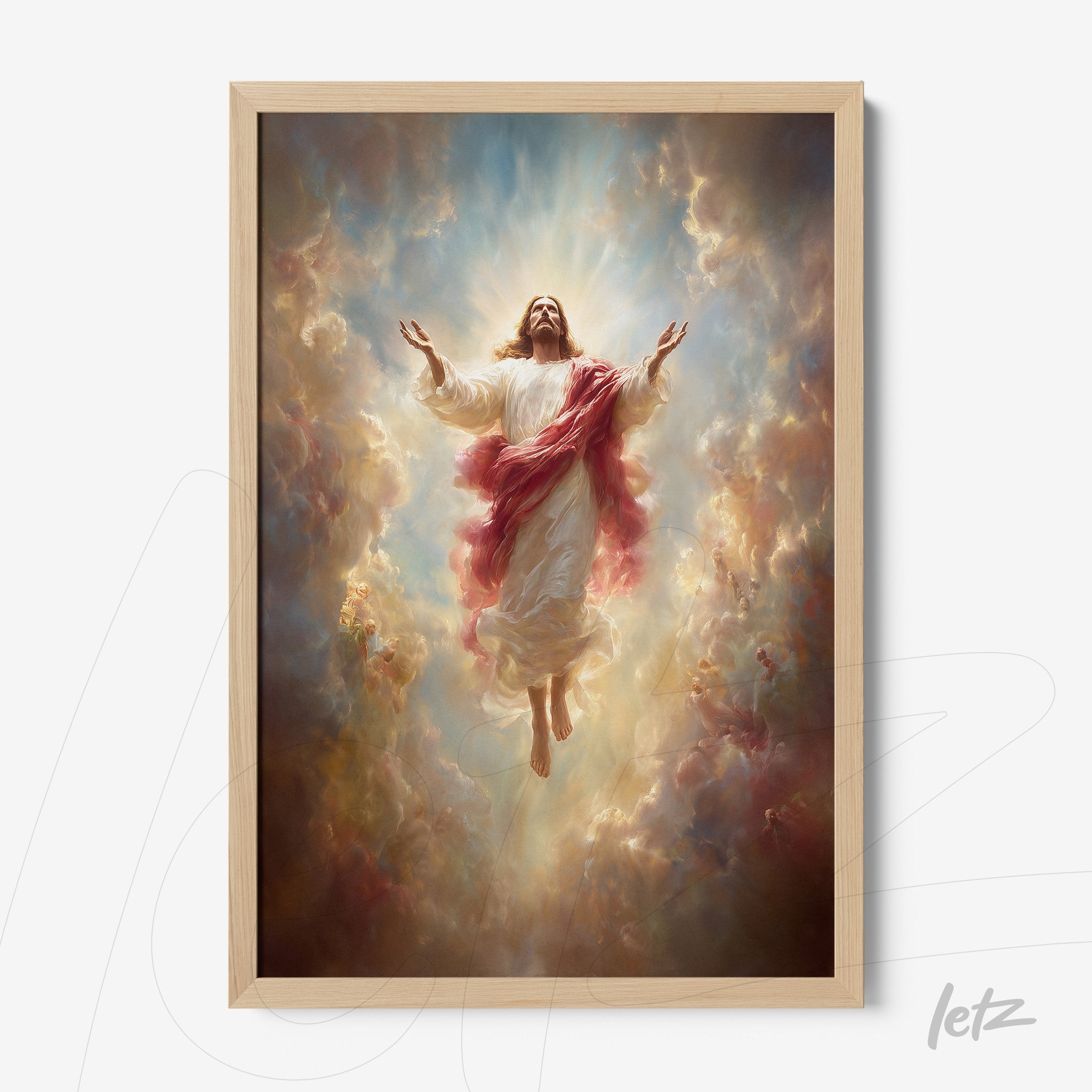 framed art depicting jesus in ascension surrounded by clouds and light with a light wood frame