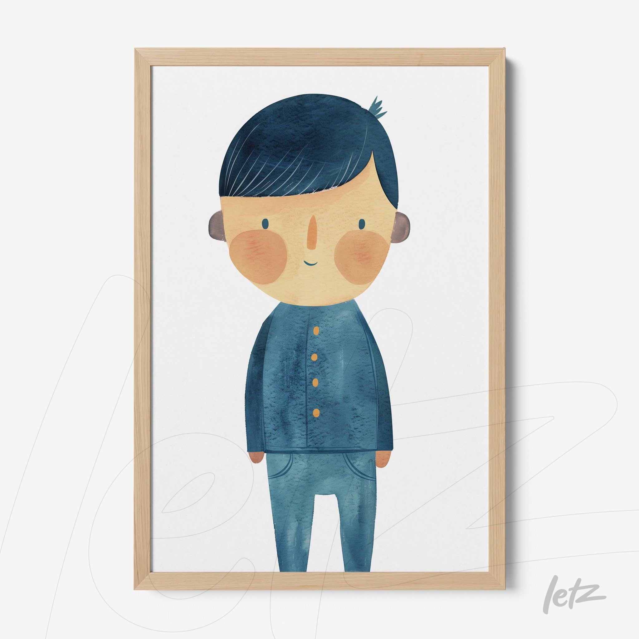 framed wall art featuring a children's character illustration in blue tones with light wooden frame
