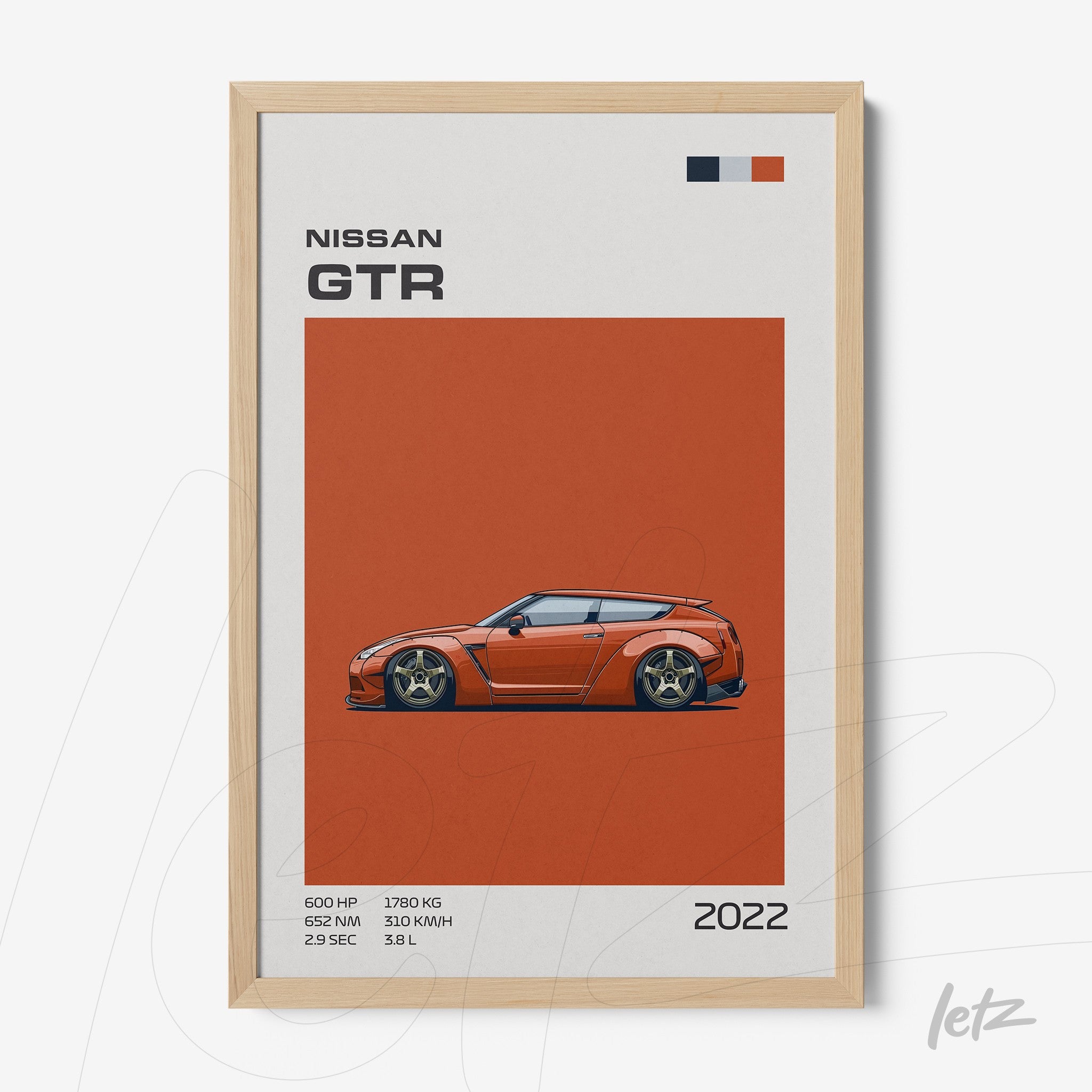 framed wall art featuring the Nissan GTR illustration on orange background with light wood frame