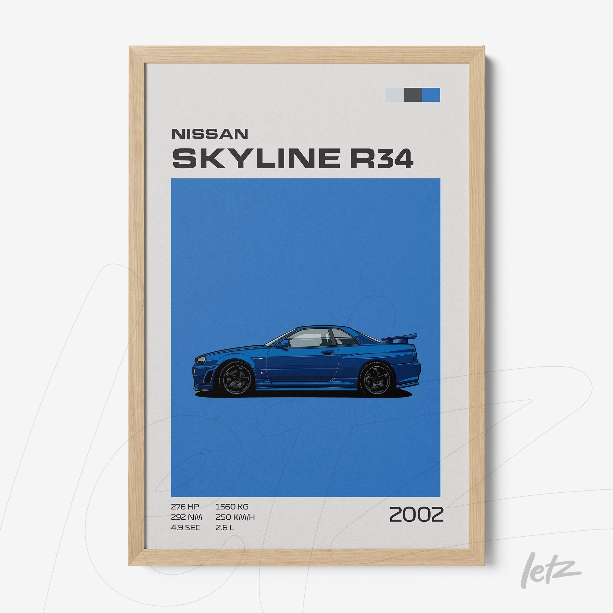 framed artwork featuring a blue illustration of Nissan Skyline R34 with light wood frame