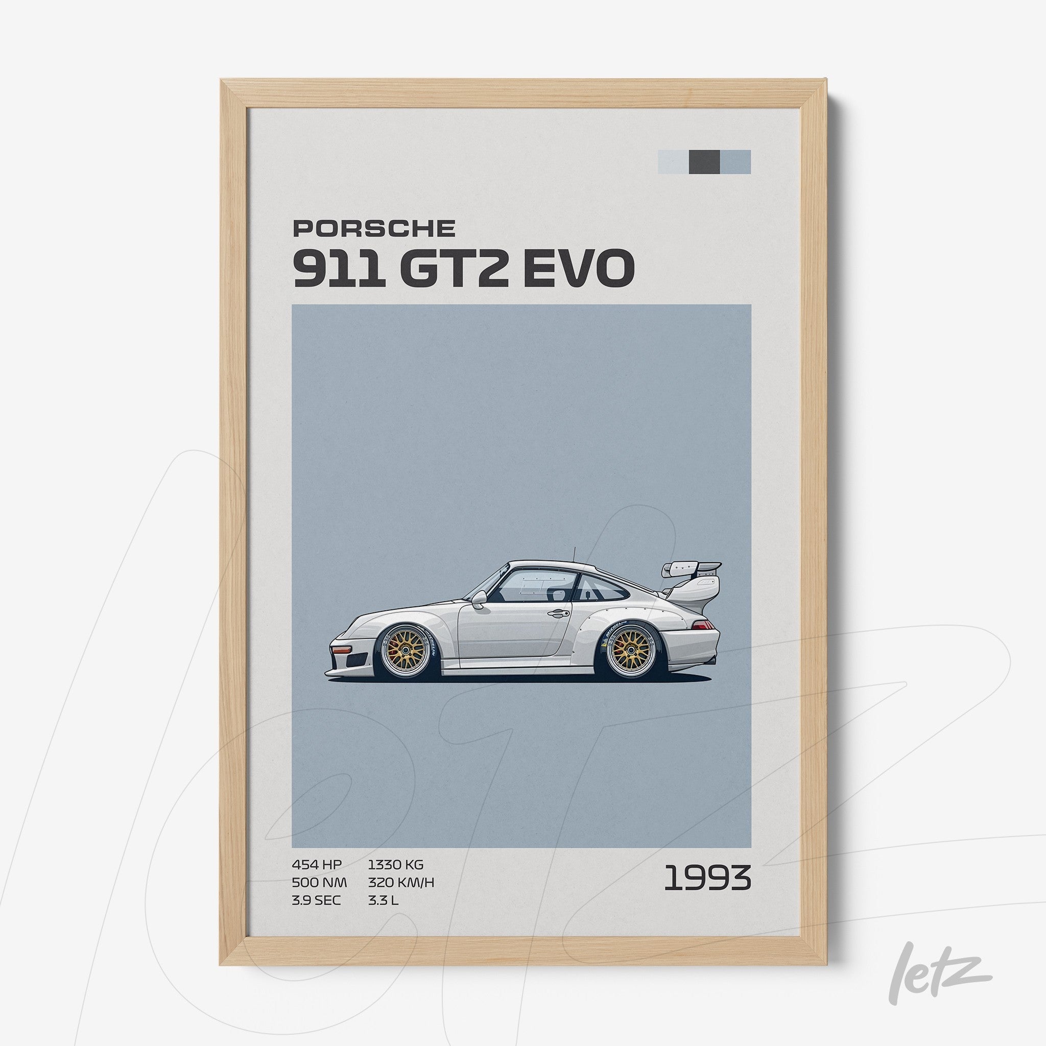 framed digital art of Porsche 911 GT2 EVO in light wood frame