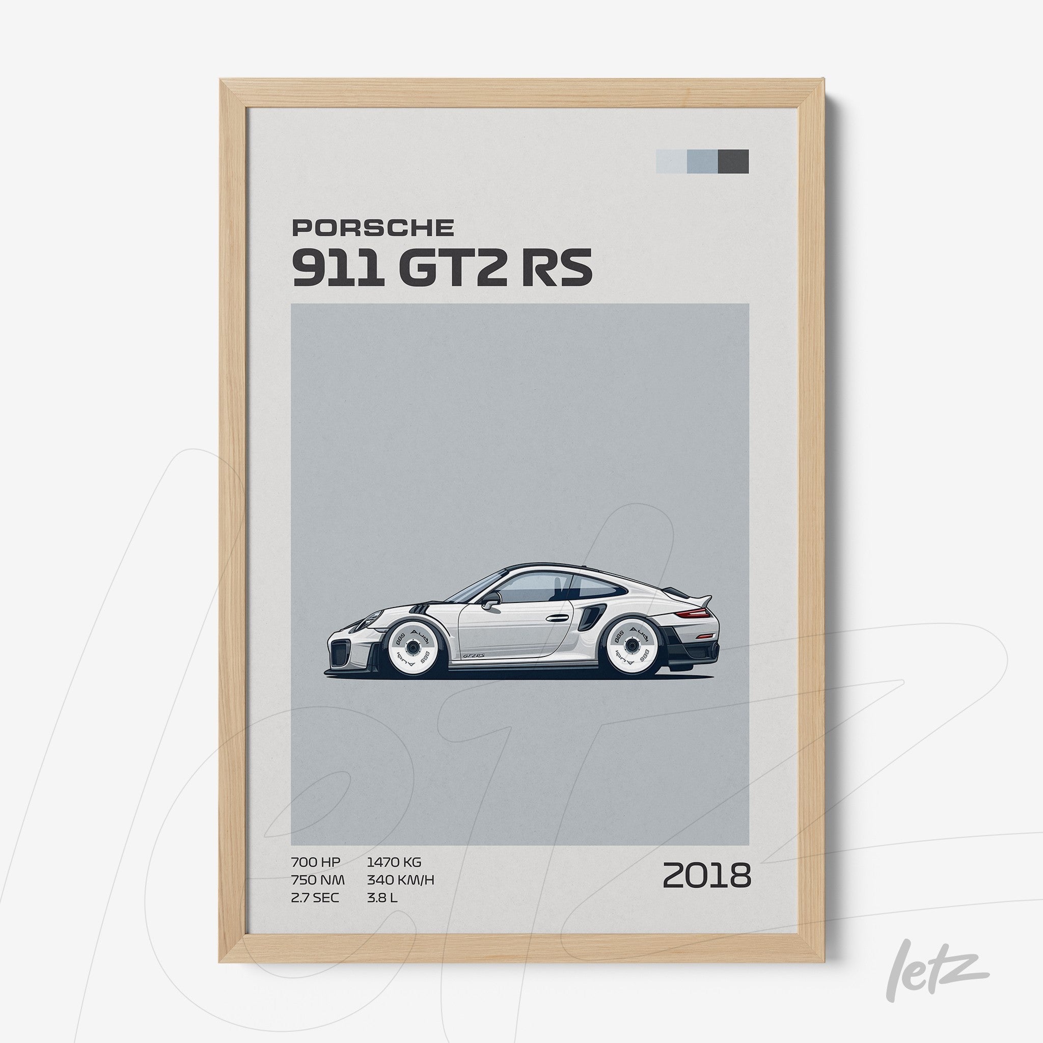 framed artwork featuring a Porsche 911 GT2 RS sports car illustration with light wooden frame
