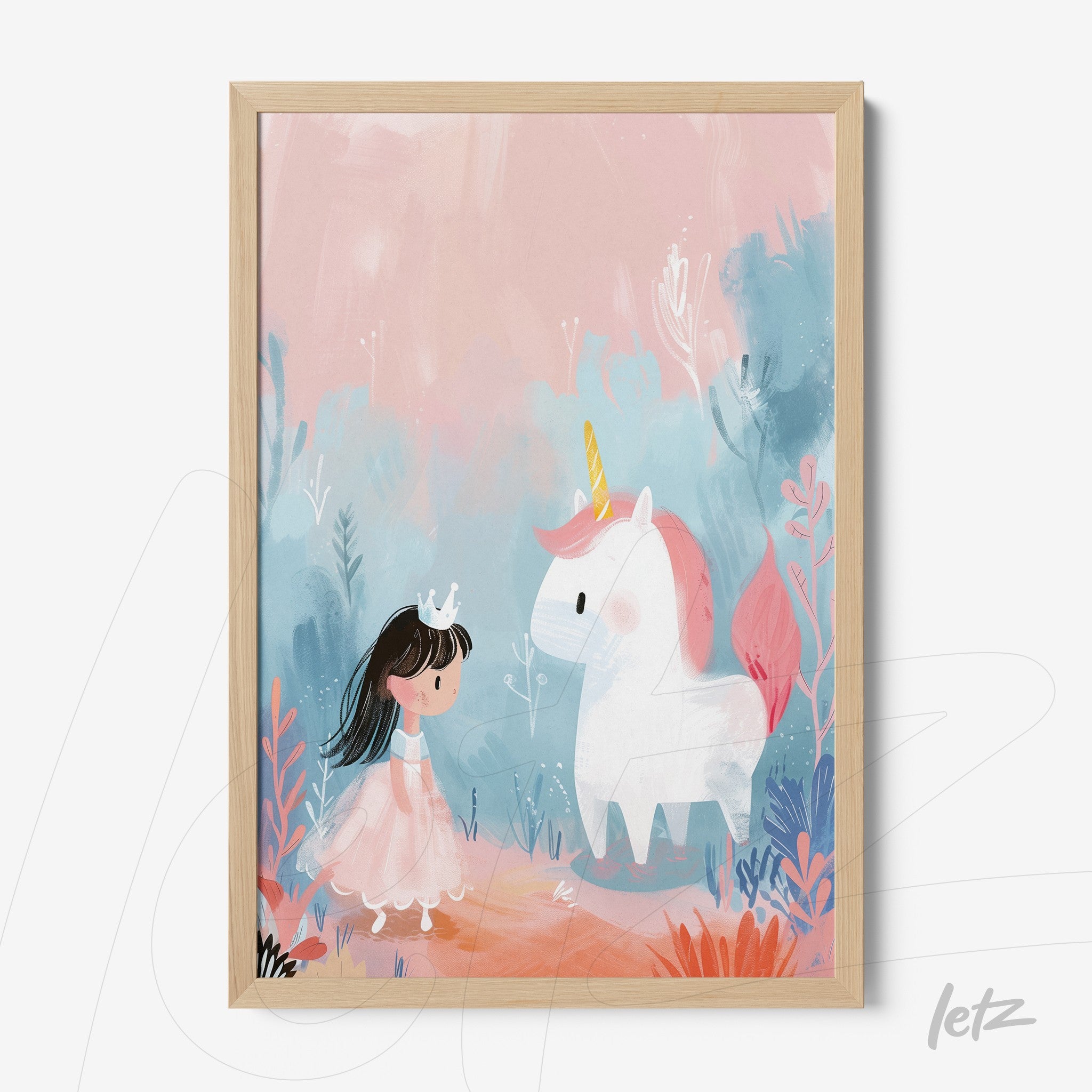framed art featuring a little girl in a crown interacting with a unicorn in pastel colors