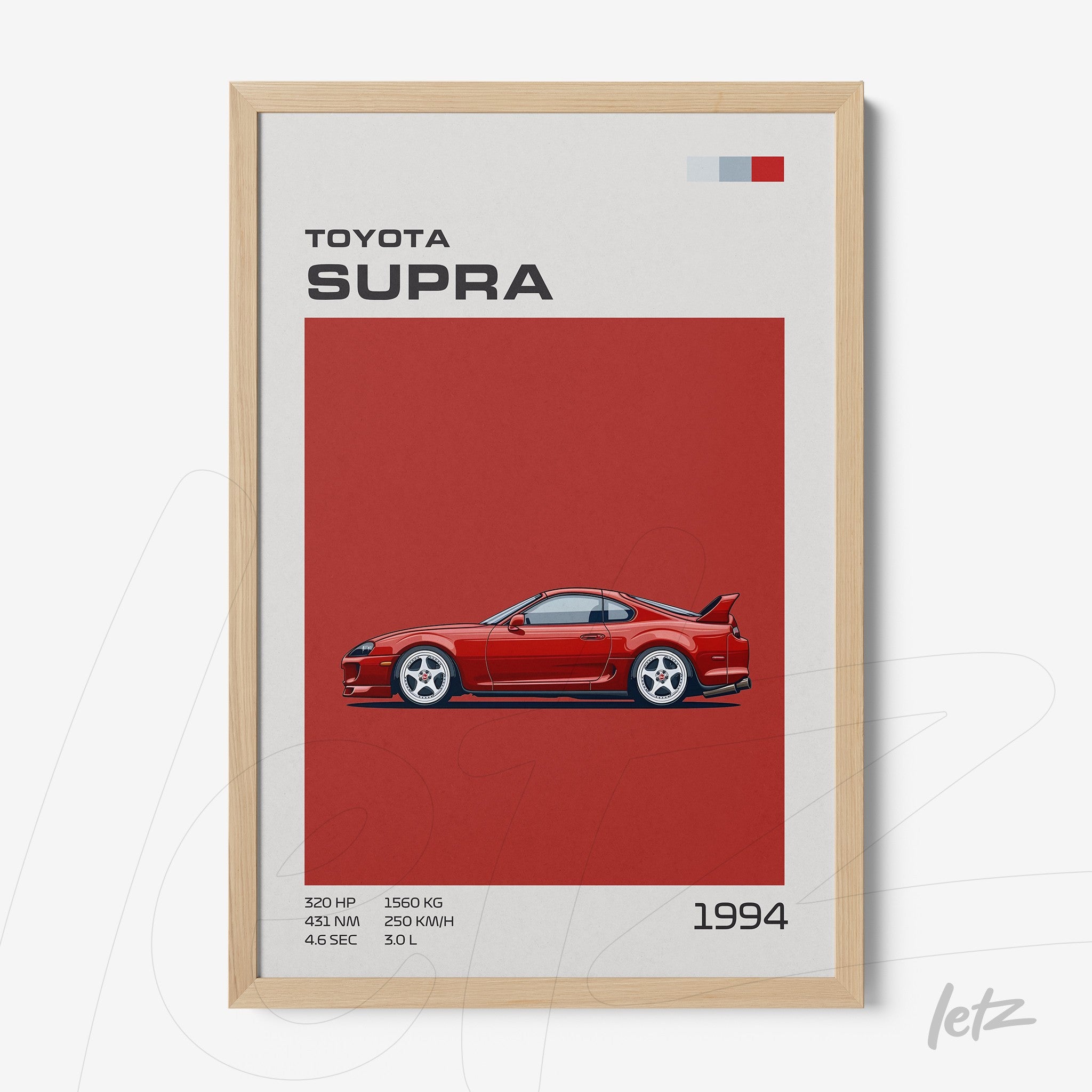 framed digital art of the 1994 Toyota Supra in light wood frame