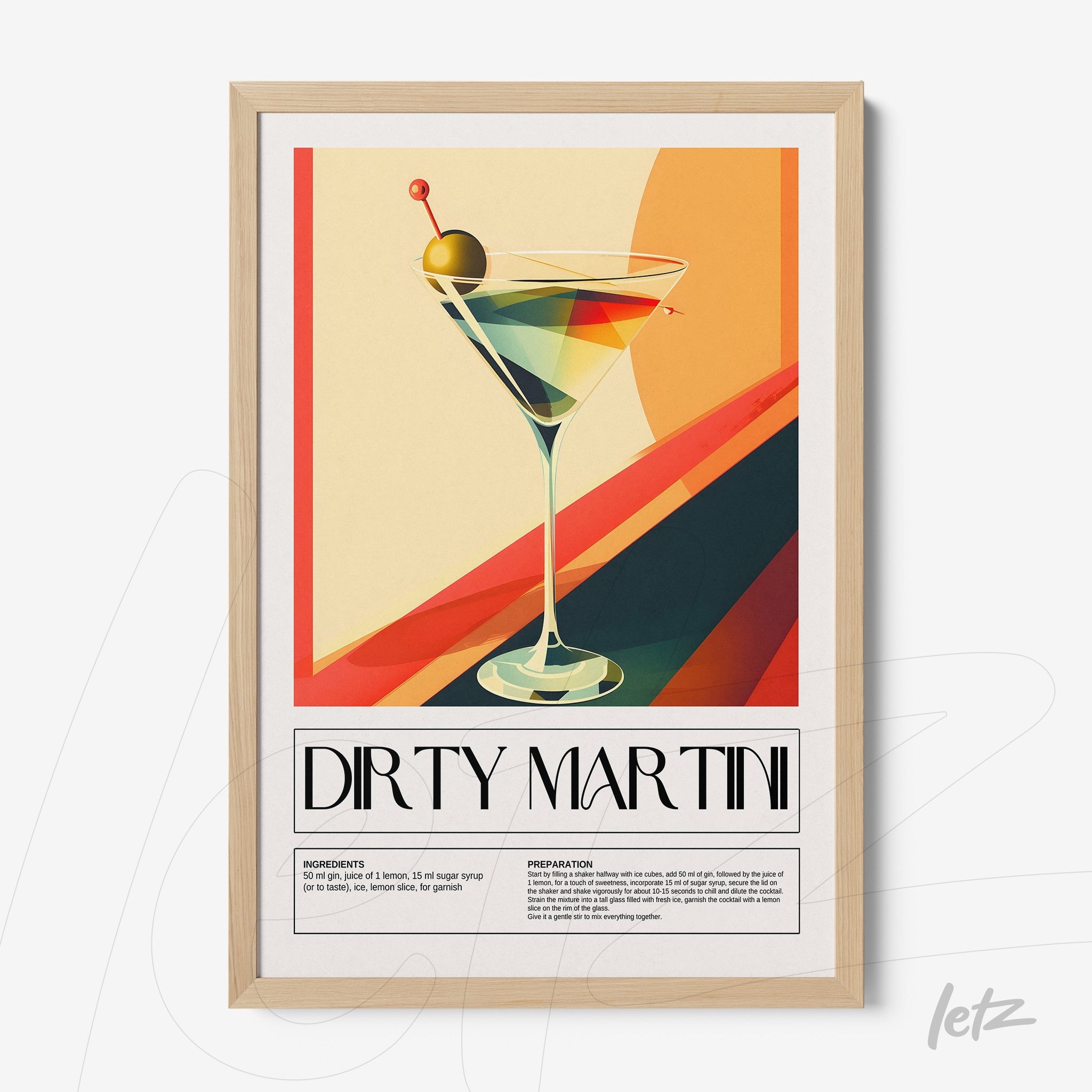 colorful digital artwork of dirty martini cocktail in light wood frame