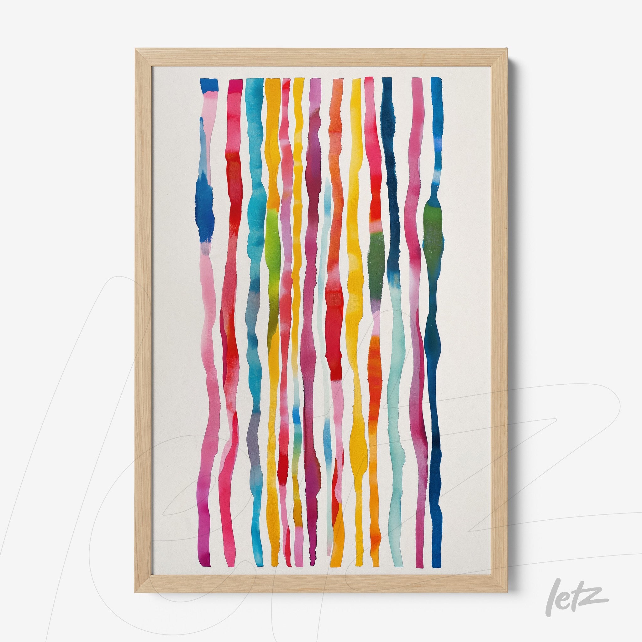 abstract wall art featuring vertical colorful stripes in light frame