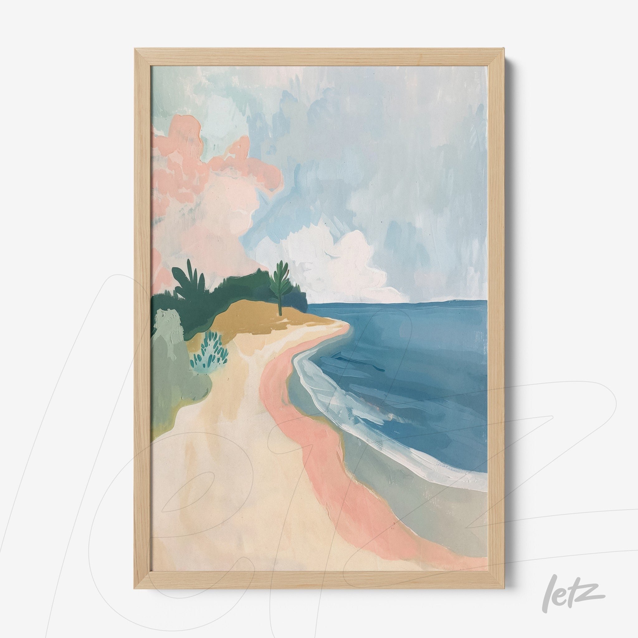 abstract art of a serene beach in light wood frame