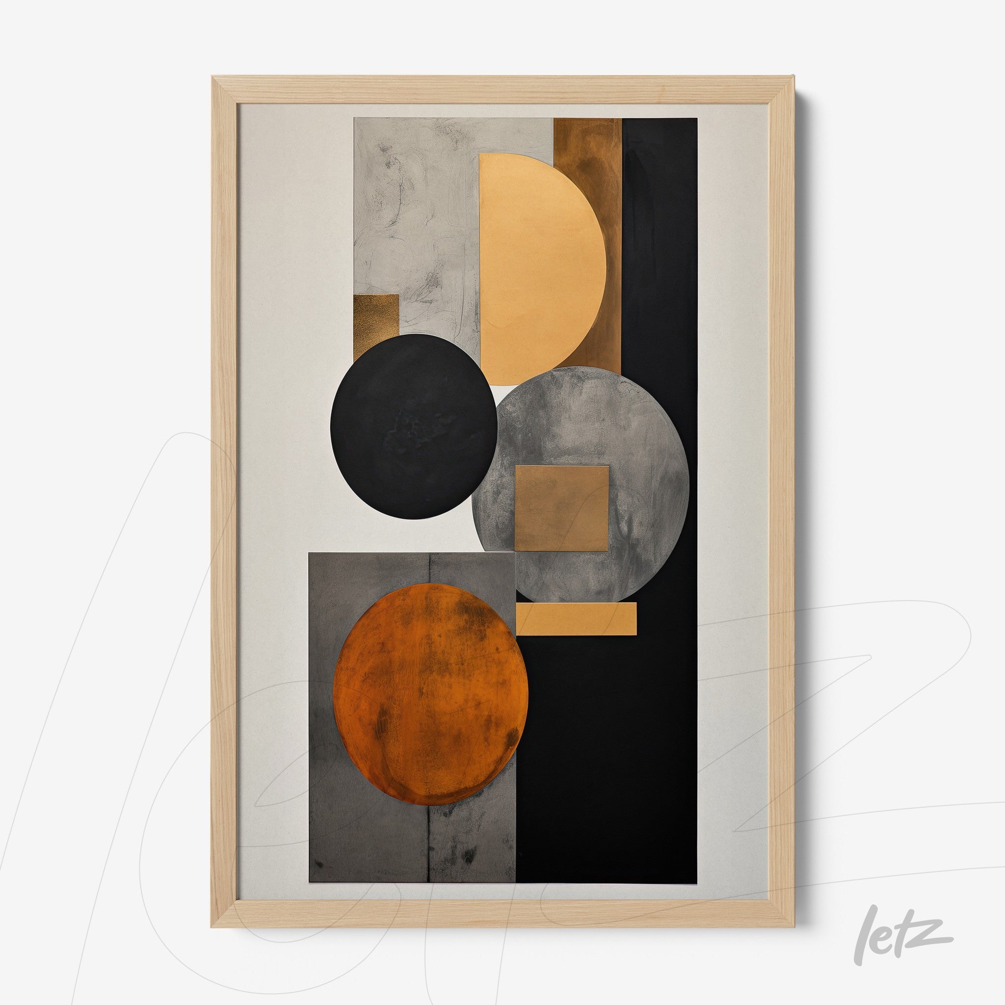 framed abstract art featuring geometric shapes in shades of orange, black, and gray with light wood frame