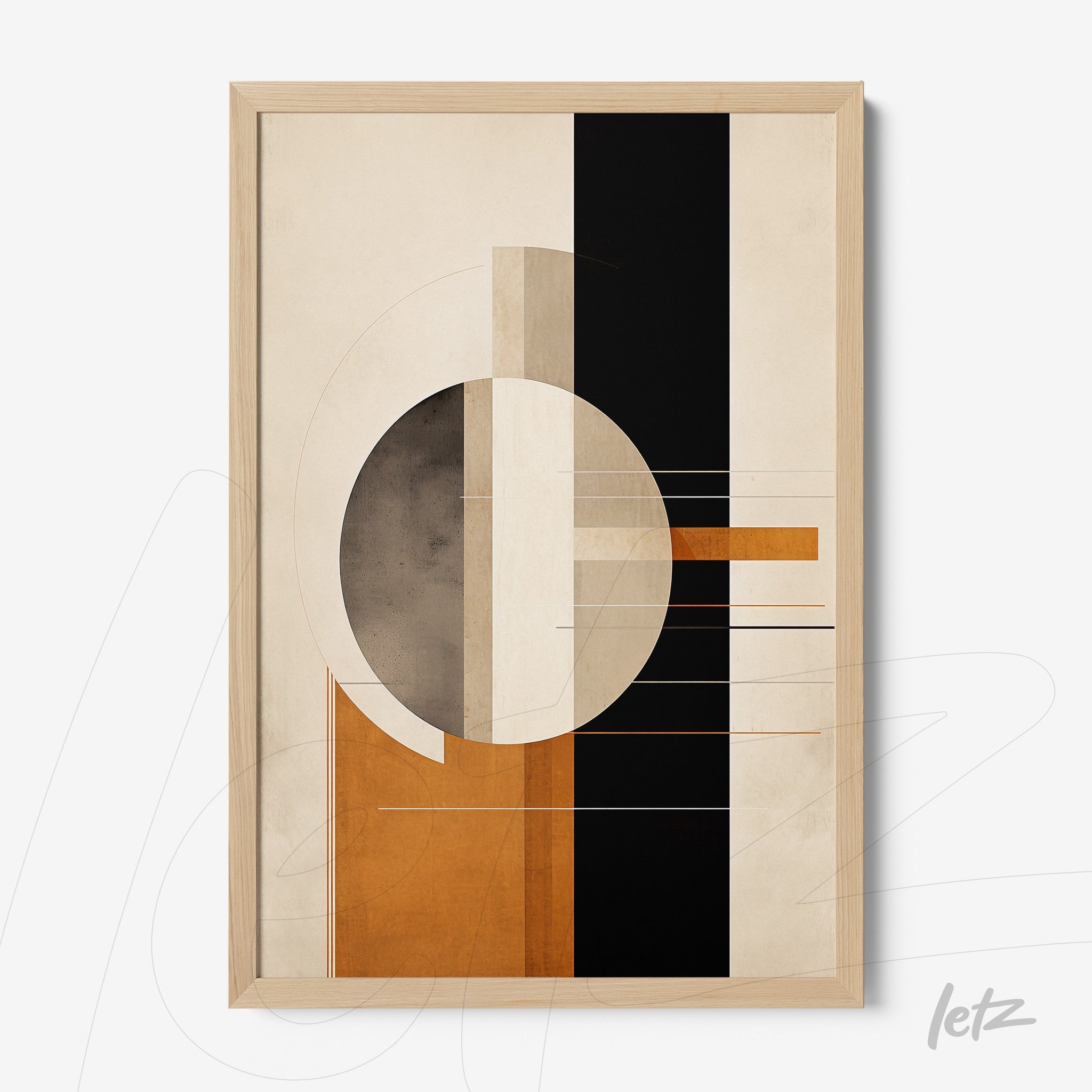 framed abstract art in shades of brown and black featuring geometric shapes with light wood frame