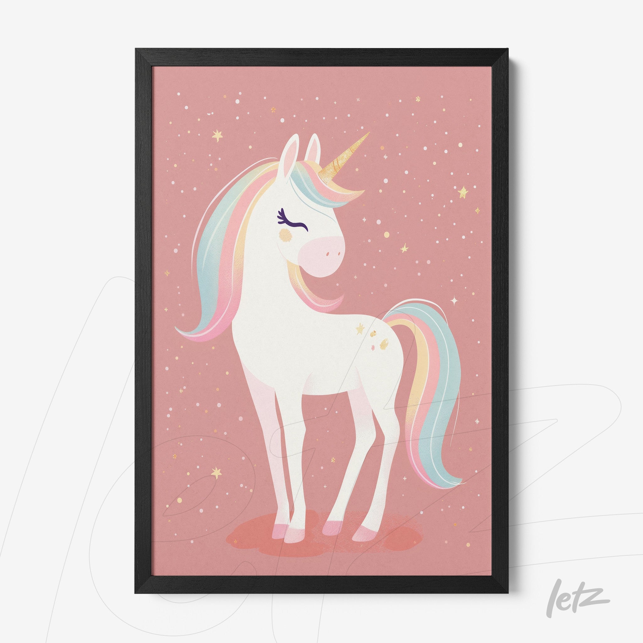 framed art featuring a stylized unicorn on a pink background with black frame