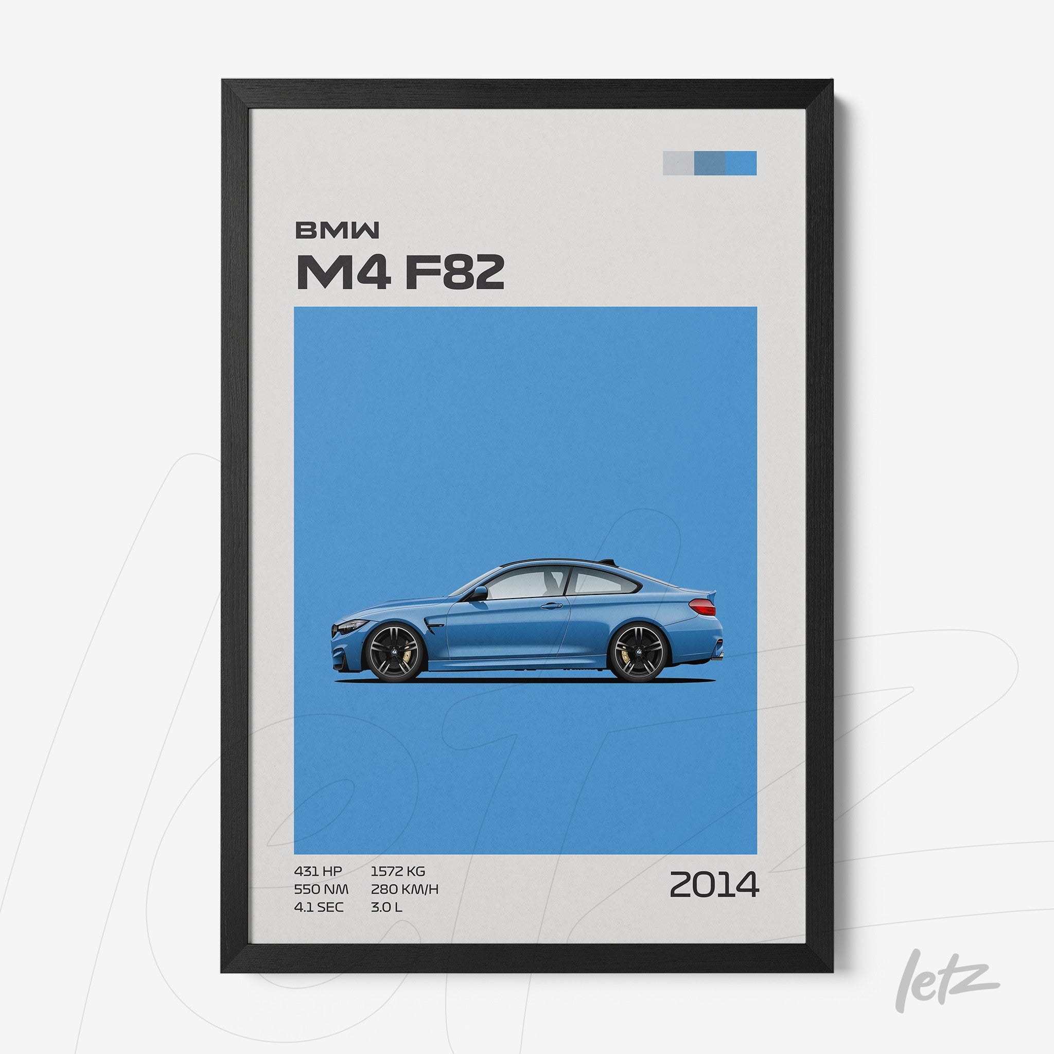 minimalist wall art featuring the bmw m4 f82 car in a black frame with blue background
