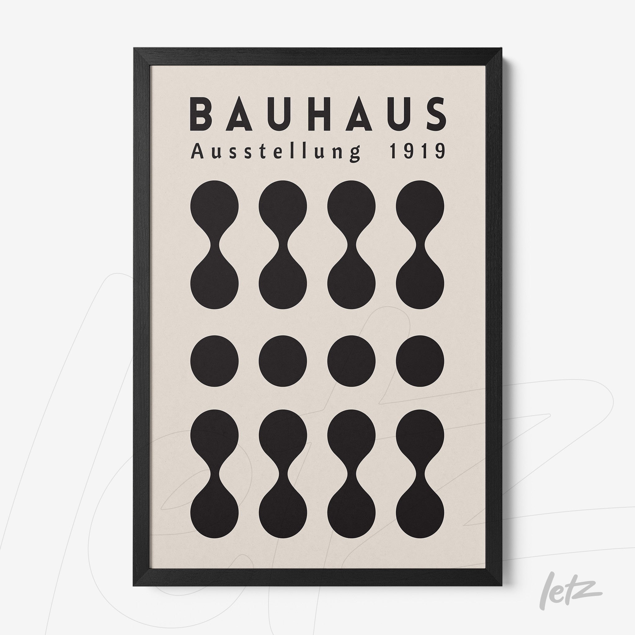 poster featuring geometric art inspired by the Bauhaus movement of 1919, with black shapes on a beige background, framed with black border