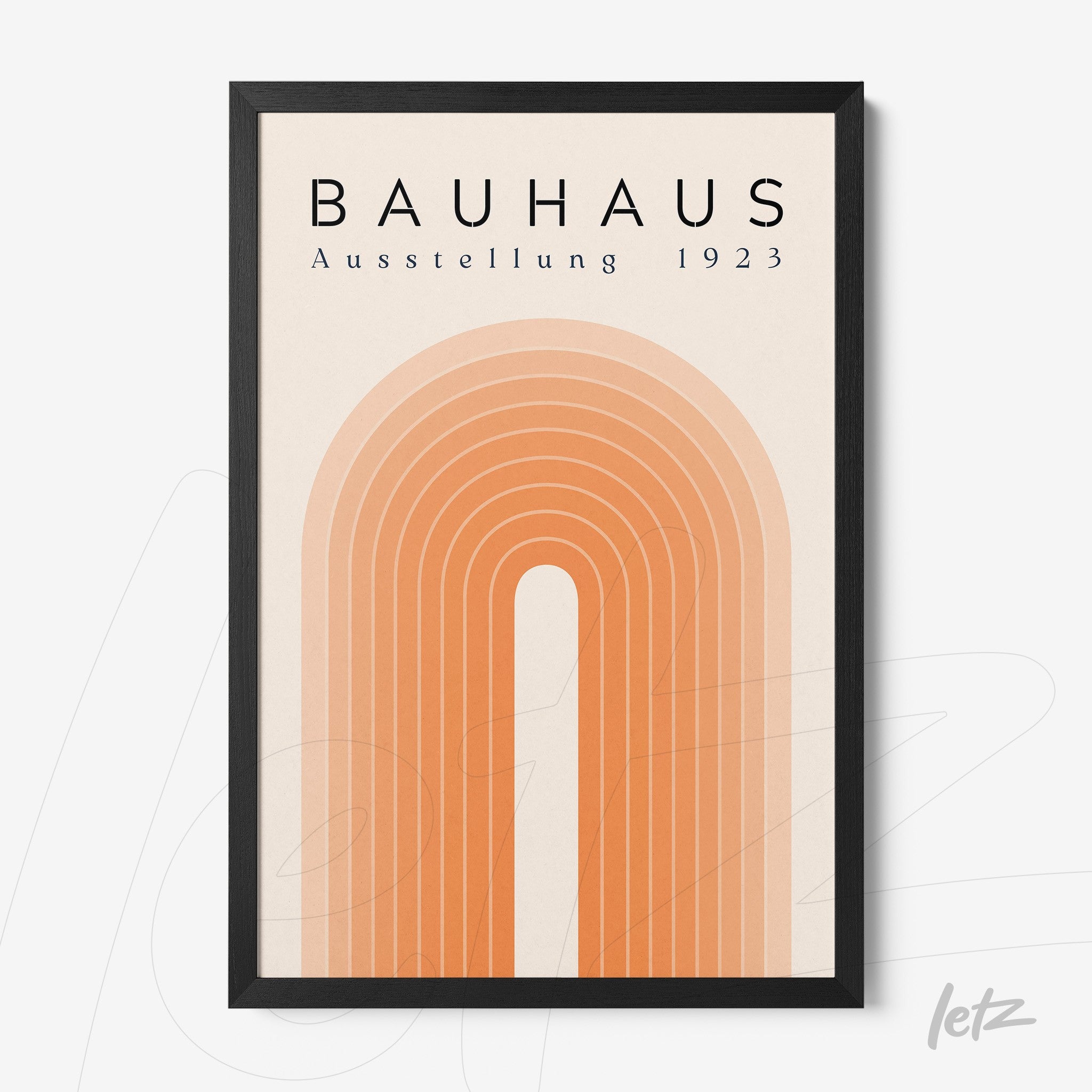 minimalist poster print featuring concentric orange arches with 'bauhaus ausstellung 1923' text at the top, framed in a thin black frame