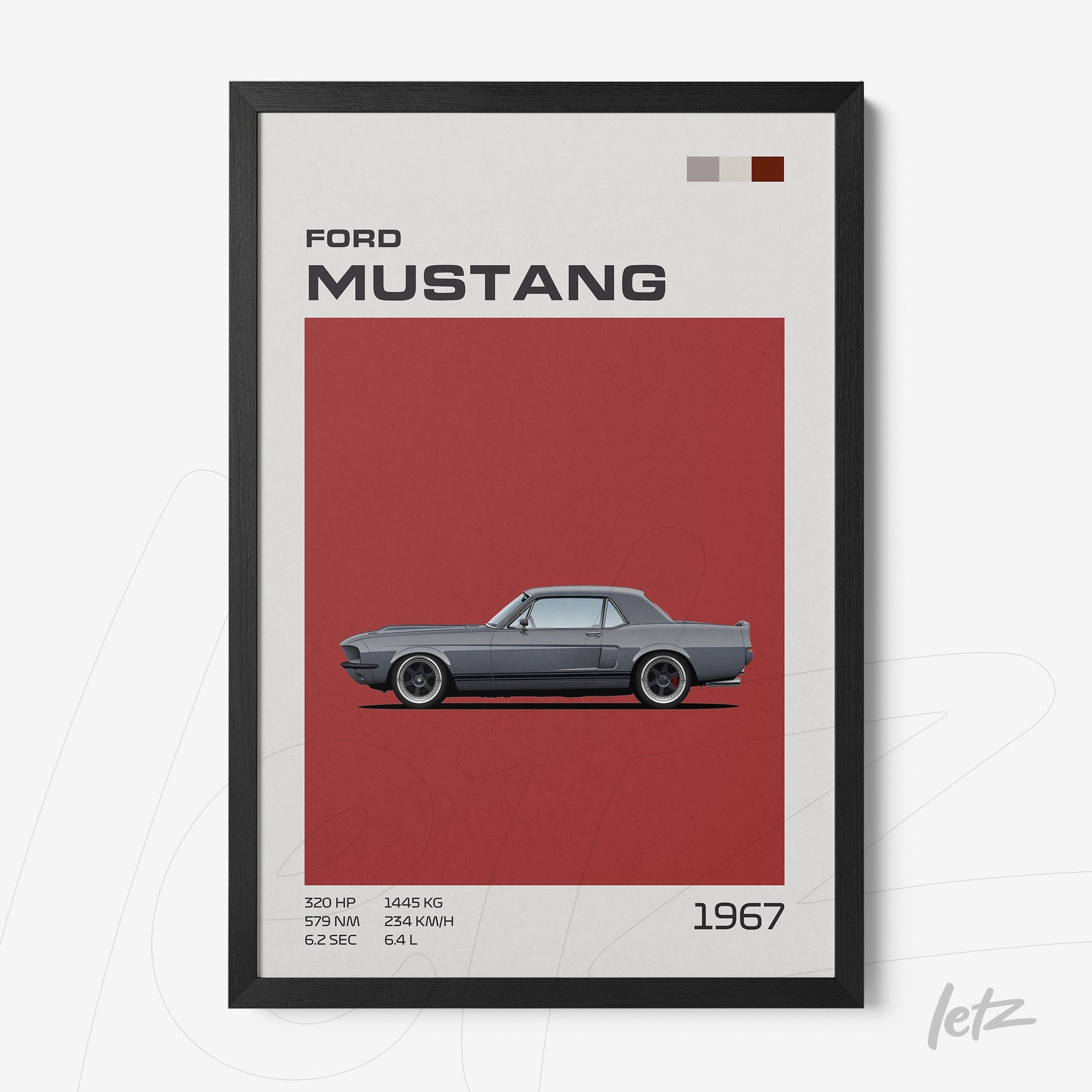 framed wall art of 1967 Ford Mustang in black frame with red background