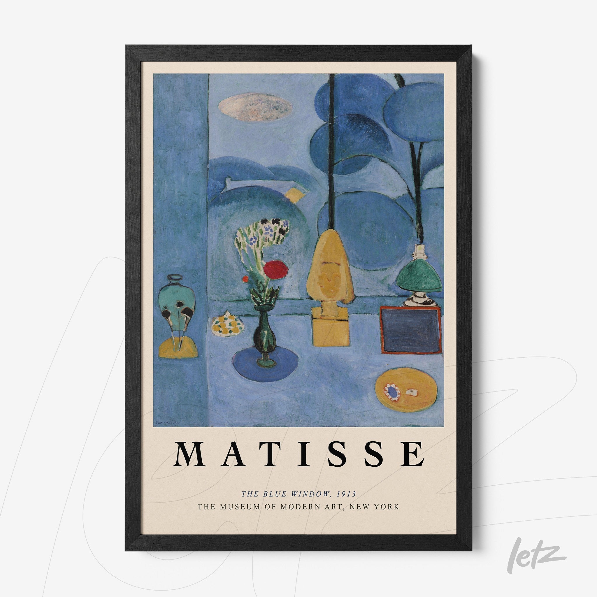 framed wall art by Henri Matisse titled 'The Blue Window' featuring vibrant colors and abstract shapes