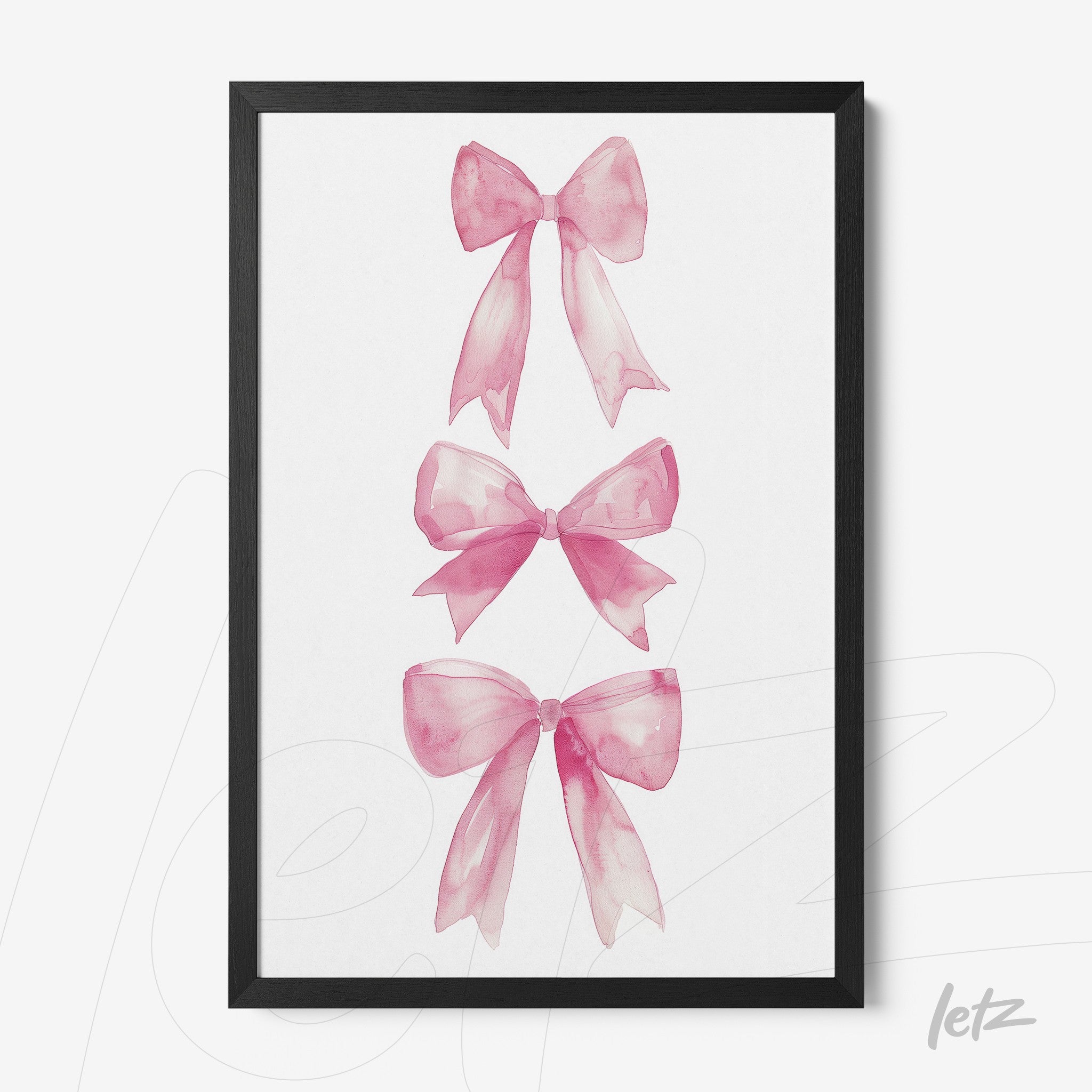 framed watercolor art of pink bows with black frame