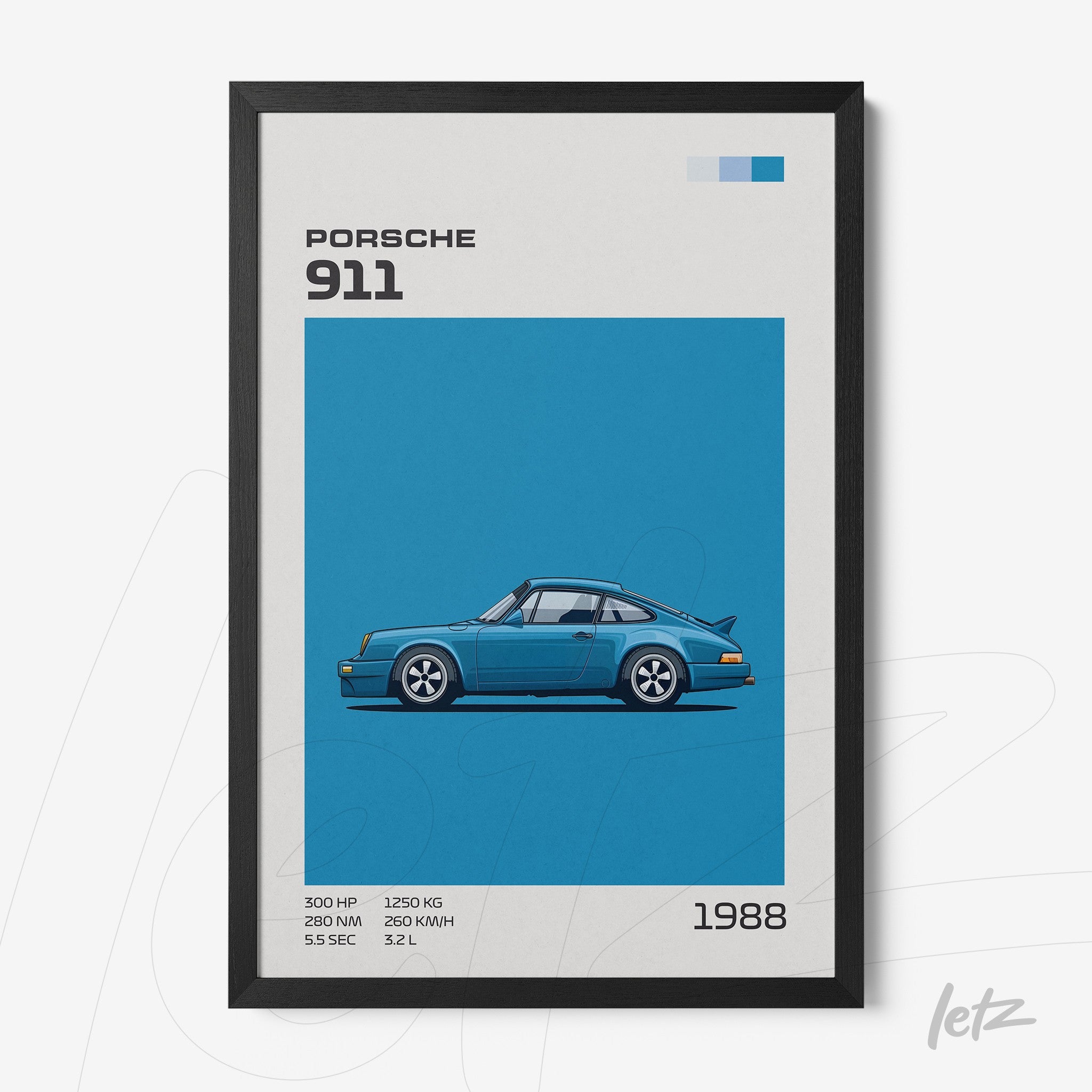 framed illustration of Porsche 911 on blue background with black frame