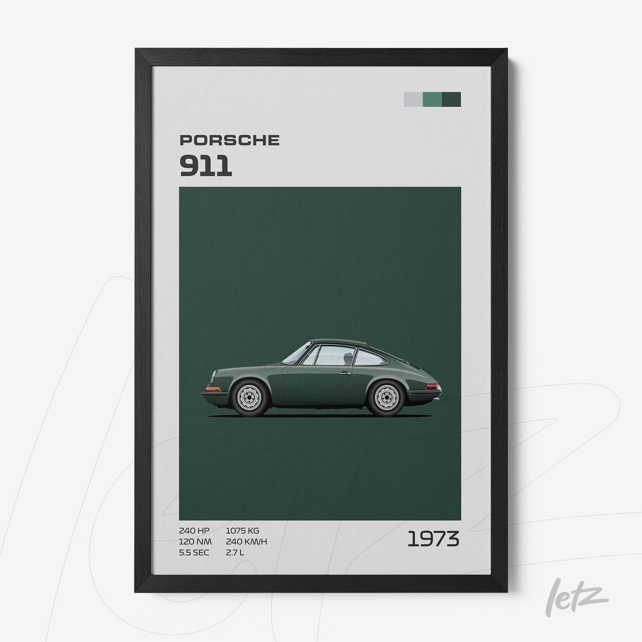 framed minimalist art of 1973 Porsche 911 in black frame