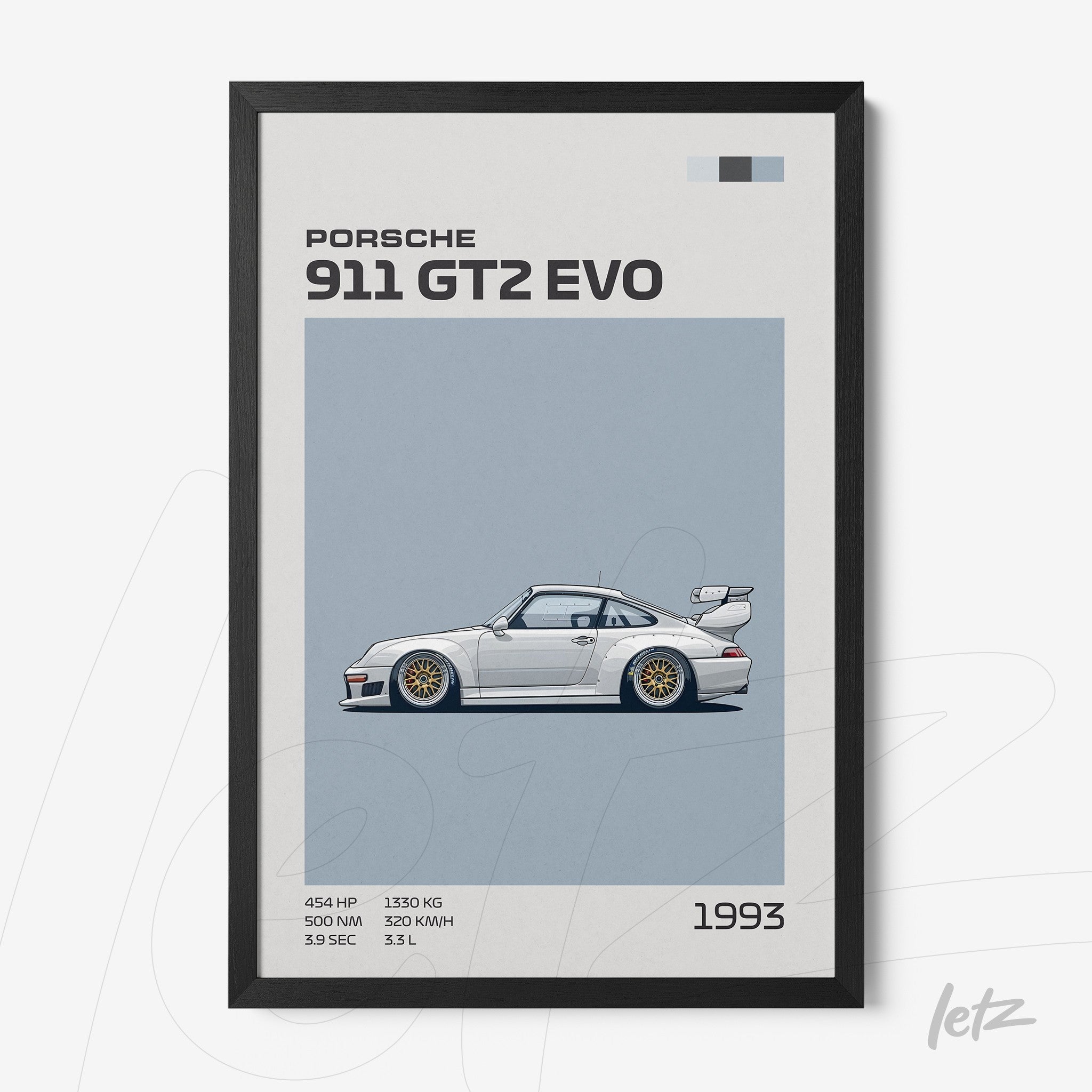framed illustration of Porsche 911 GT2 EVO in black frame, featuring technical details on light blue background